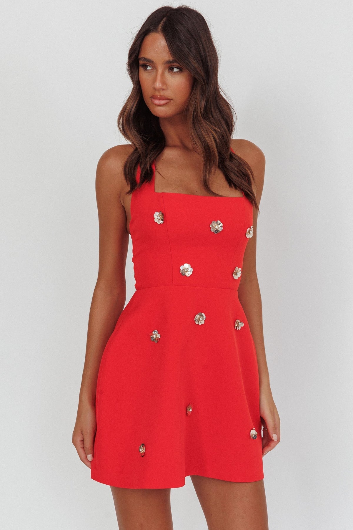 Hendrix Halterneck A-Line Mini Dress Sequin Flower Red