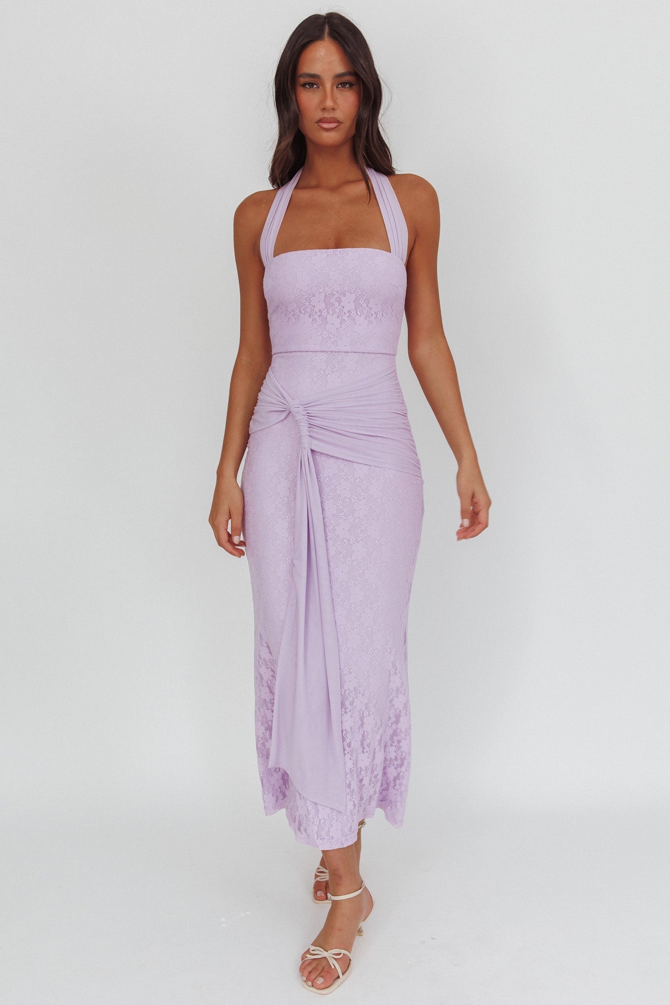 Luli Waist Sash Halter Maxi Dress Lace Lilac
