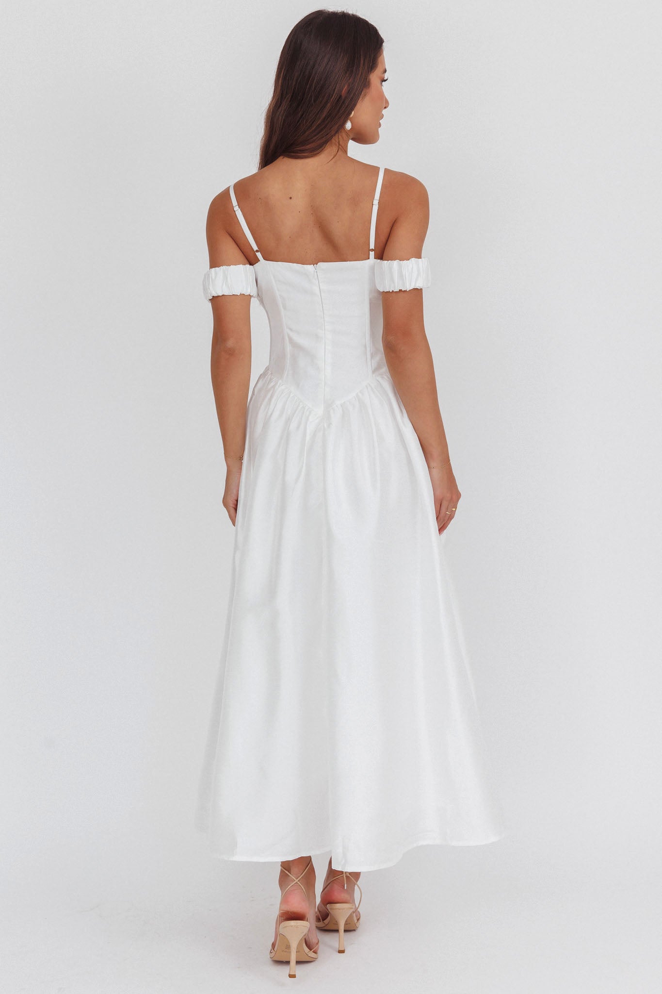 Heavens Above Off-Shoulder Basque Waist Midi Dress Ivory