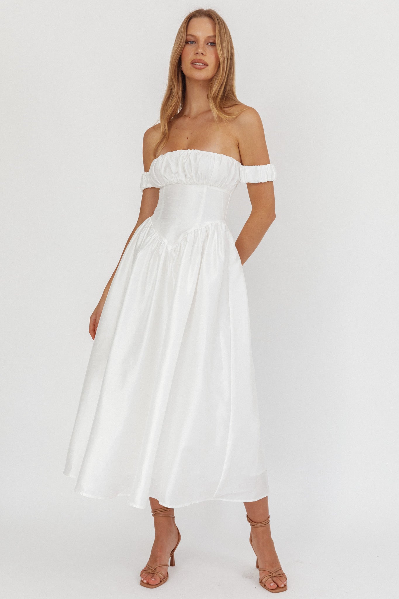 Heavens Above Off-Shoulder Basque Waist Midi Dress Ivory