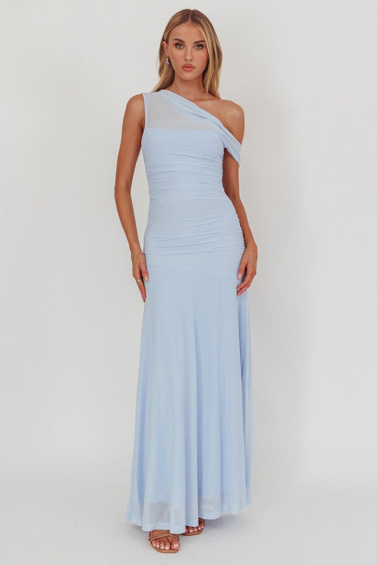 Lylah Asymmetric Neckline Mesh Maxi Dress Ice Blue