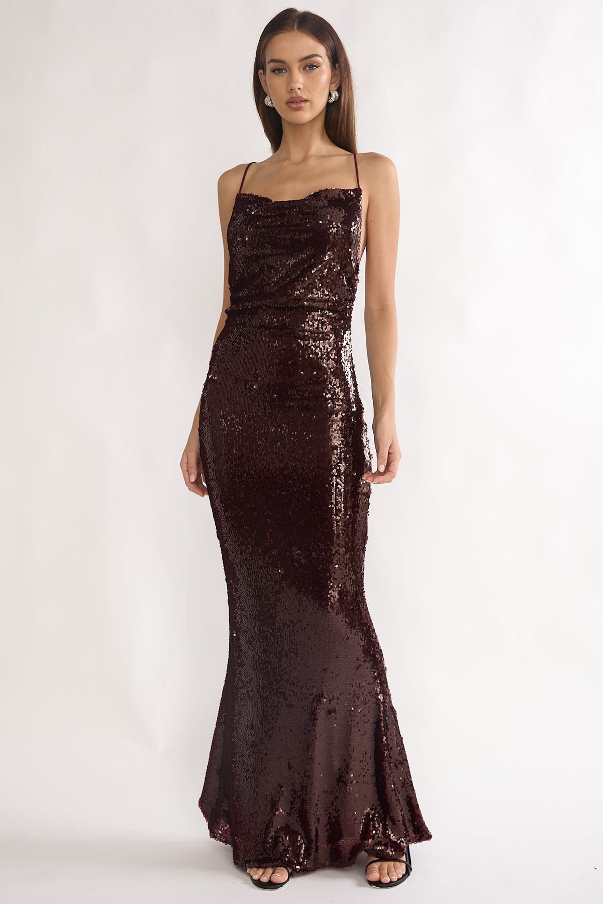 She's The Star Open Tied Back Maxi Dress Sequin Wine