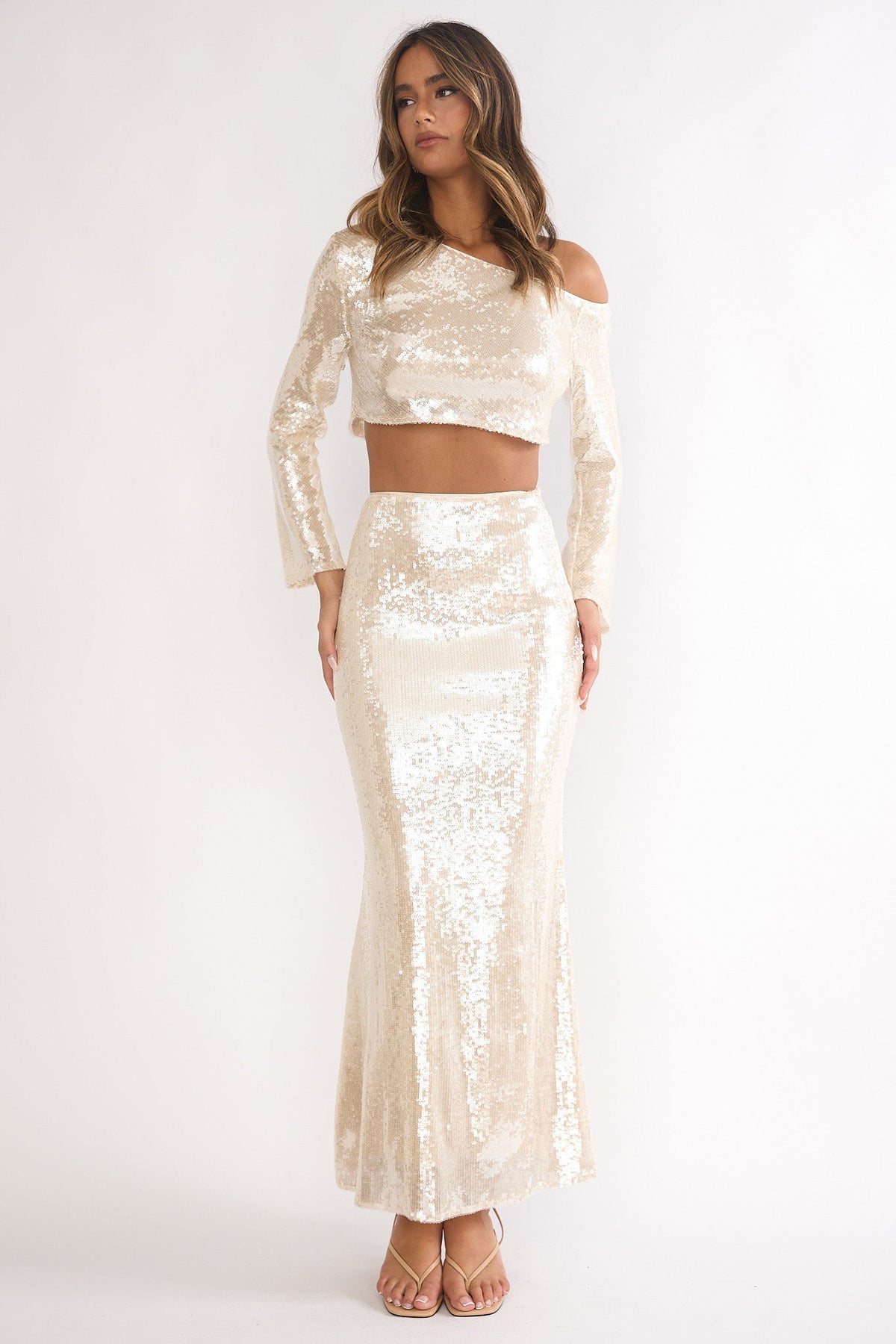 Crystalline Sequin Maxi Skirt Champagne
