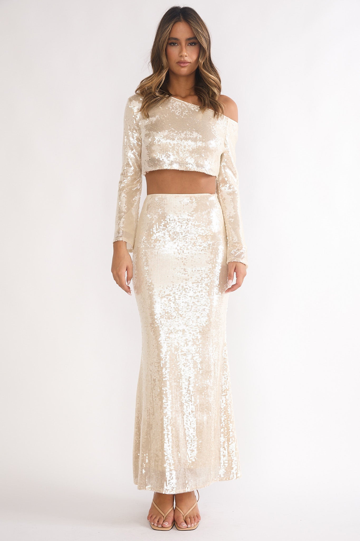 Crystalline Sequin Maxi Skirt Champagne