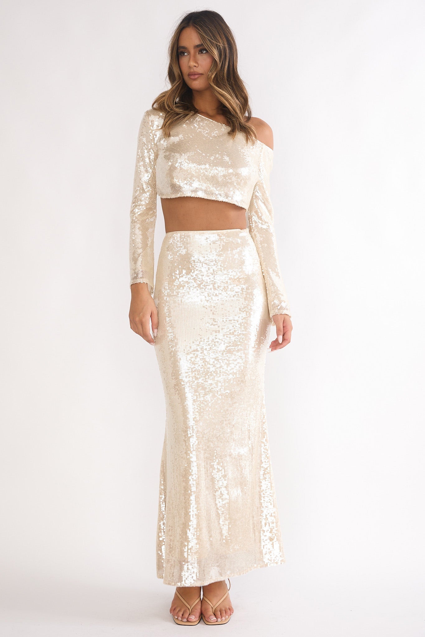 Crystalline Sequin Maxi Skirt Champagne