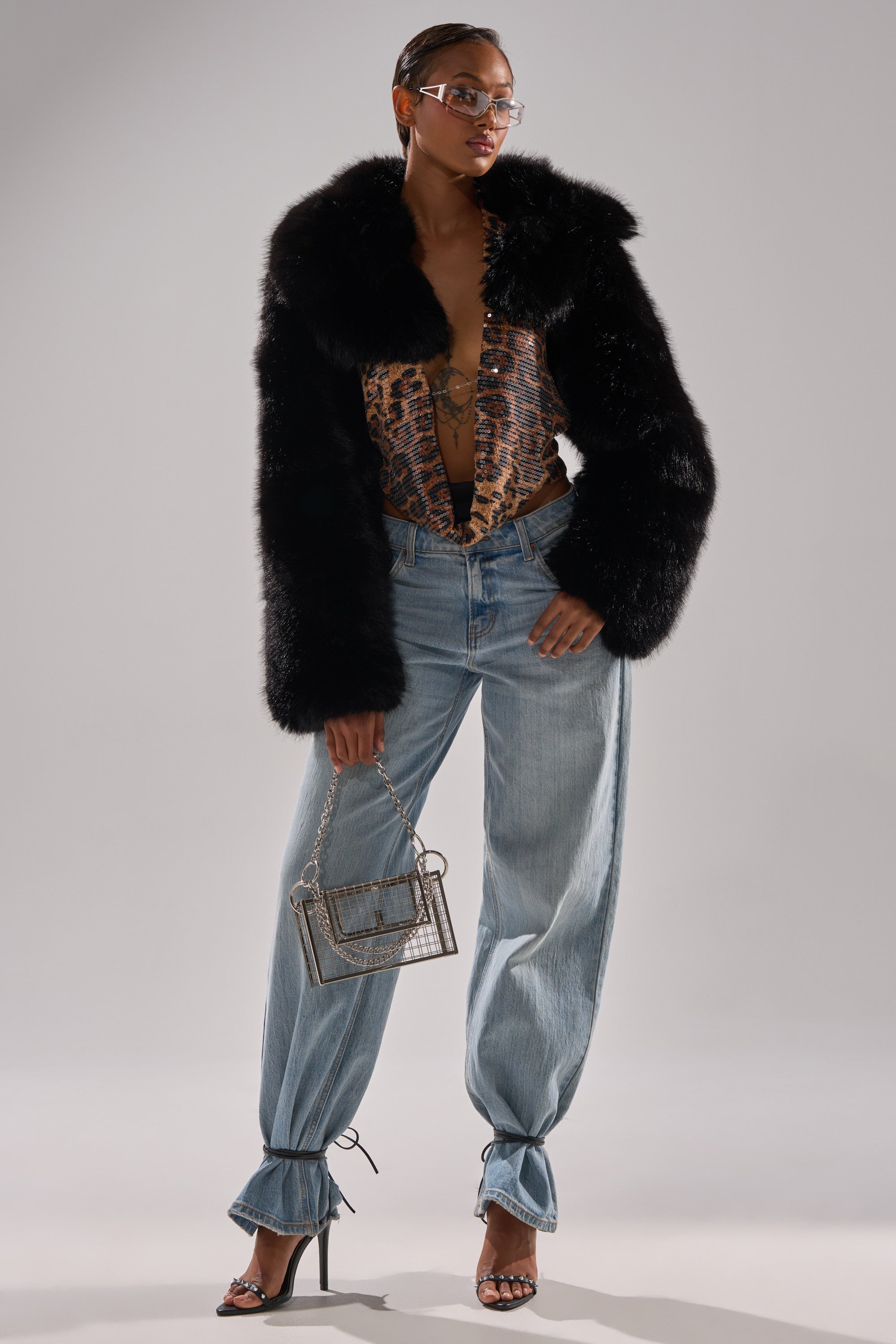 LEILA ULTRA CROP FAUX FUR IN BLACK
