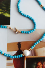 Ibiza Turquoise Bead Pearl Necklace Gold
