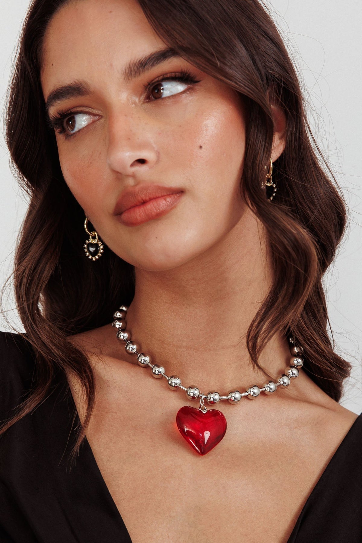 Lee Silver Bead Large Heart Necklace Red