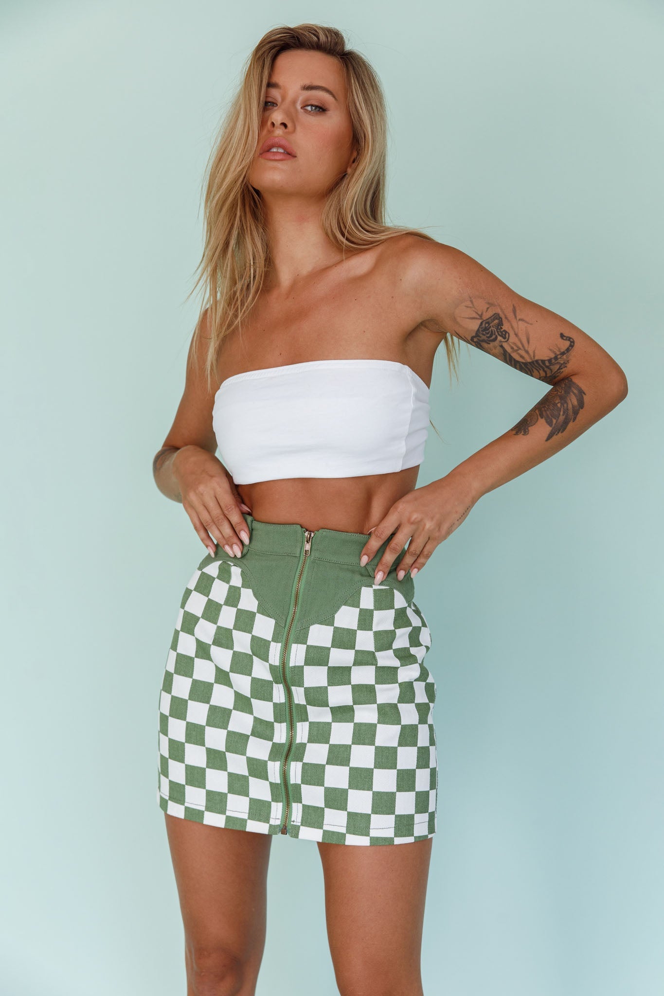 Rewind Zipper Front Mini Skirt Checkered Green