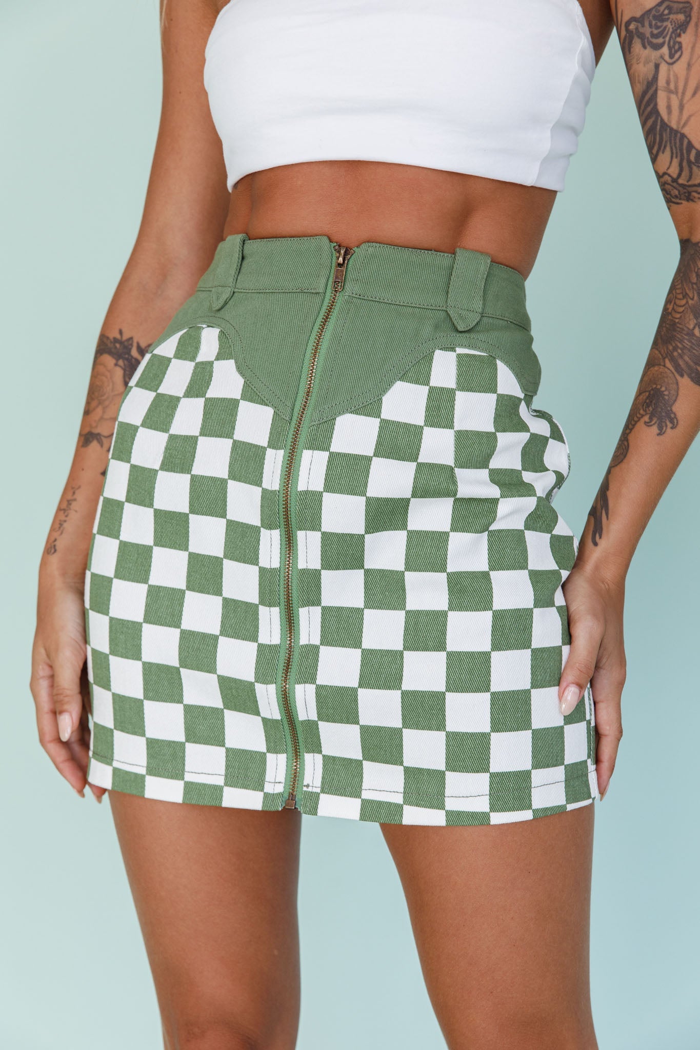 Rewind Zipper Front Mini Skirt Checkered Green