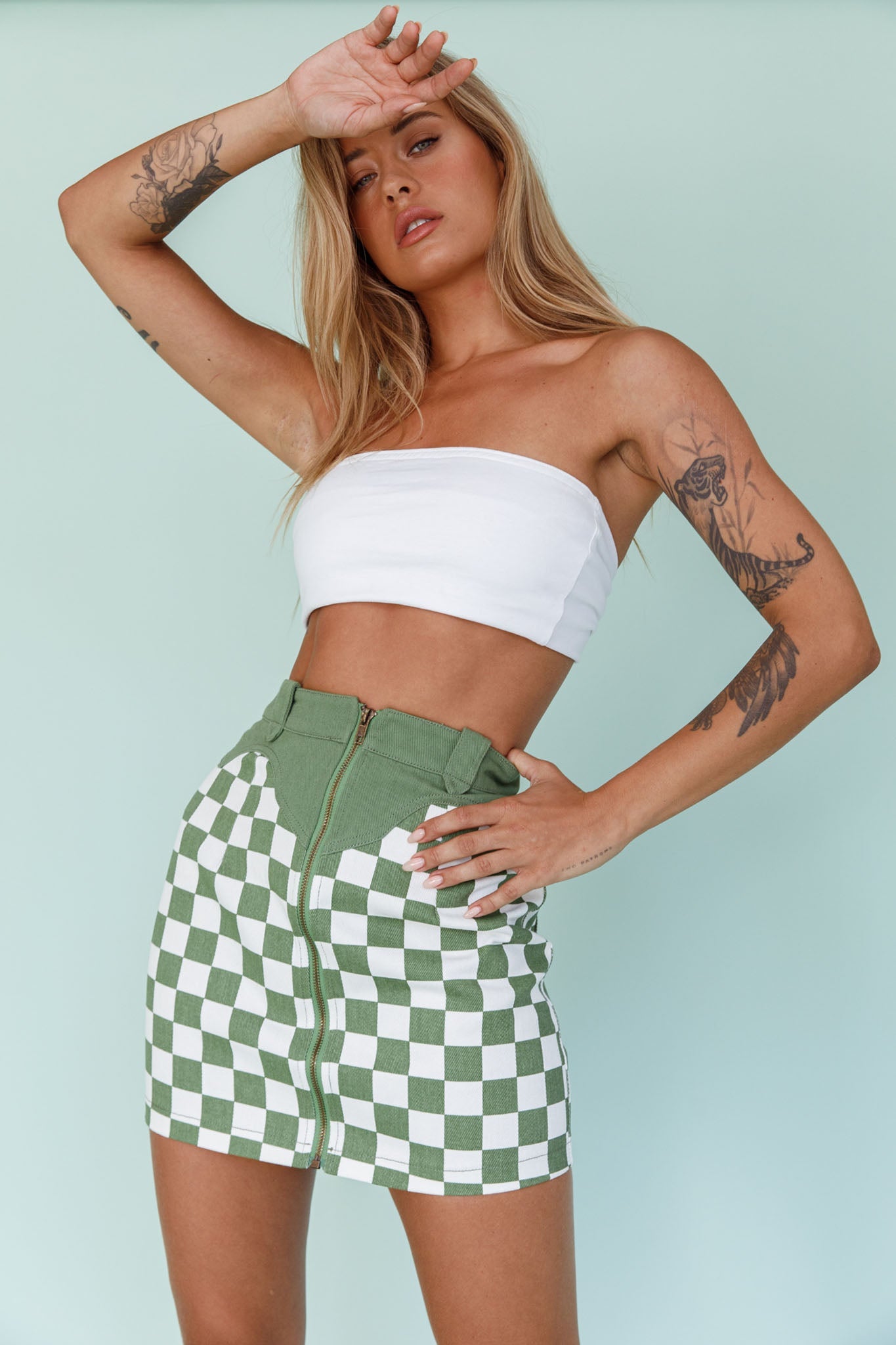 Rewind Zipper Front Mini Skirt Checkered Green
