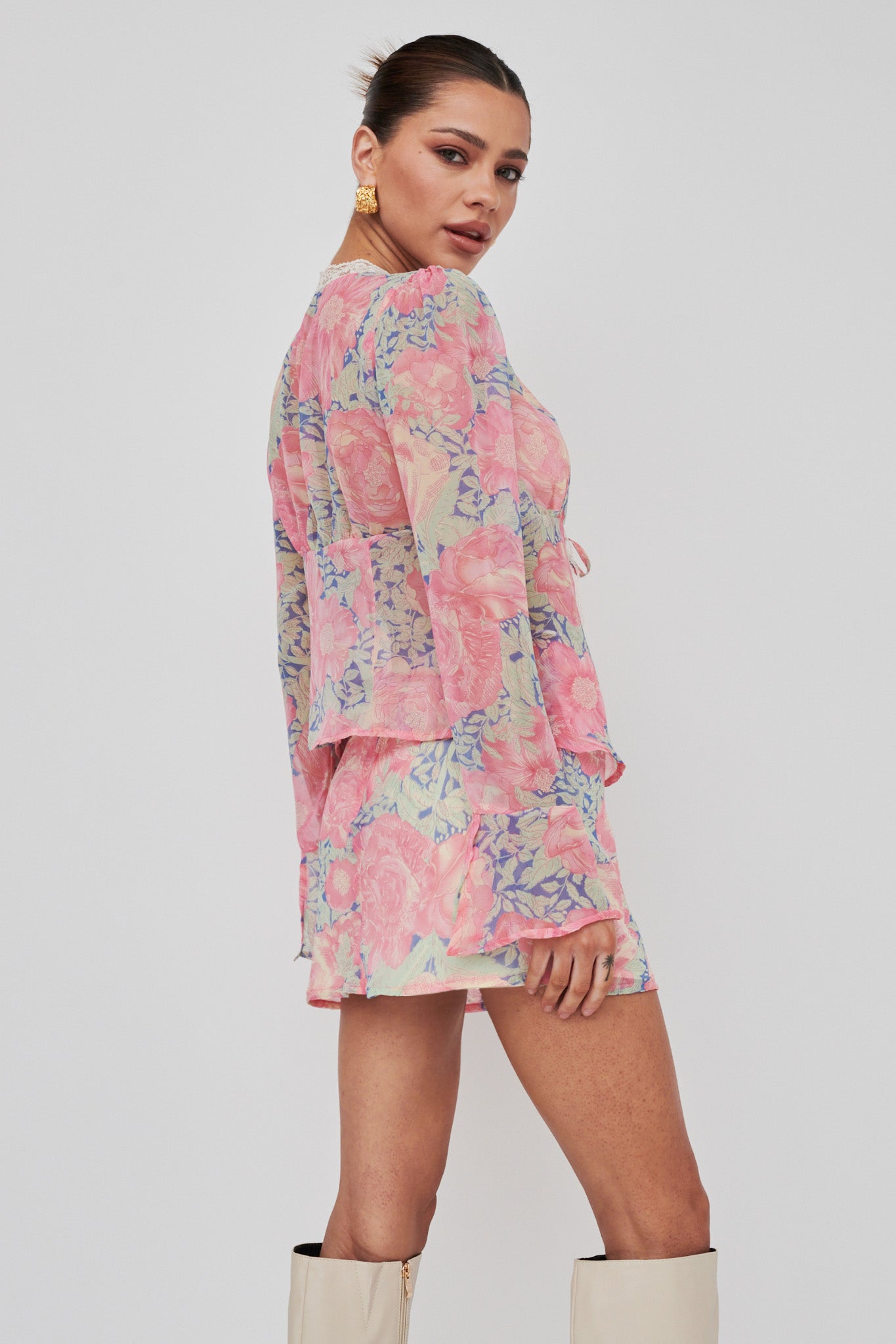 Sincerity Long Sleeve Tie Front Top Print Blue