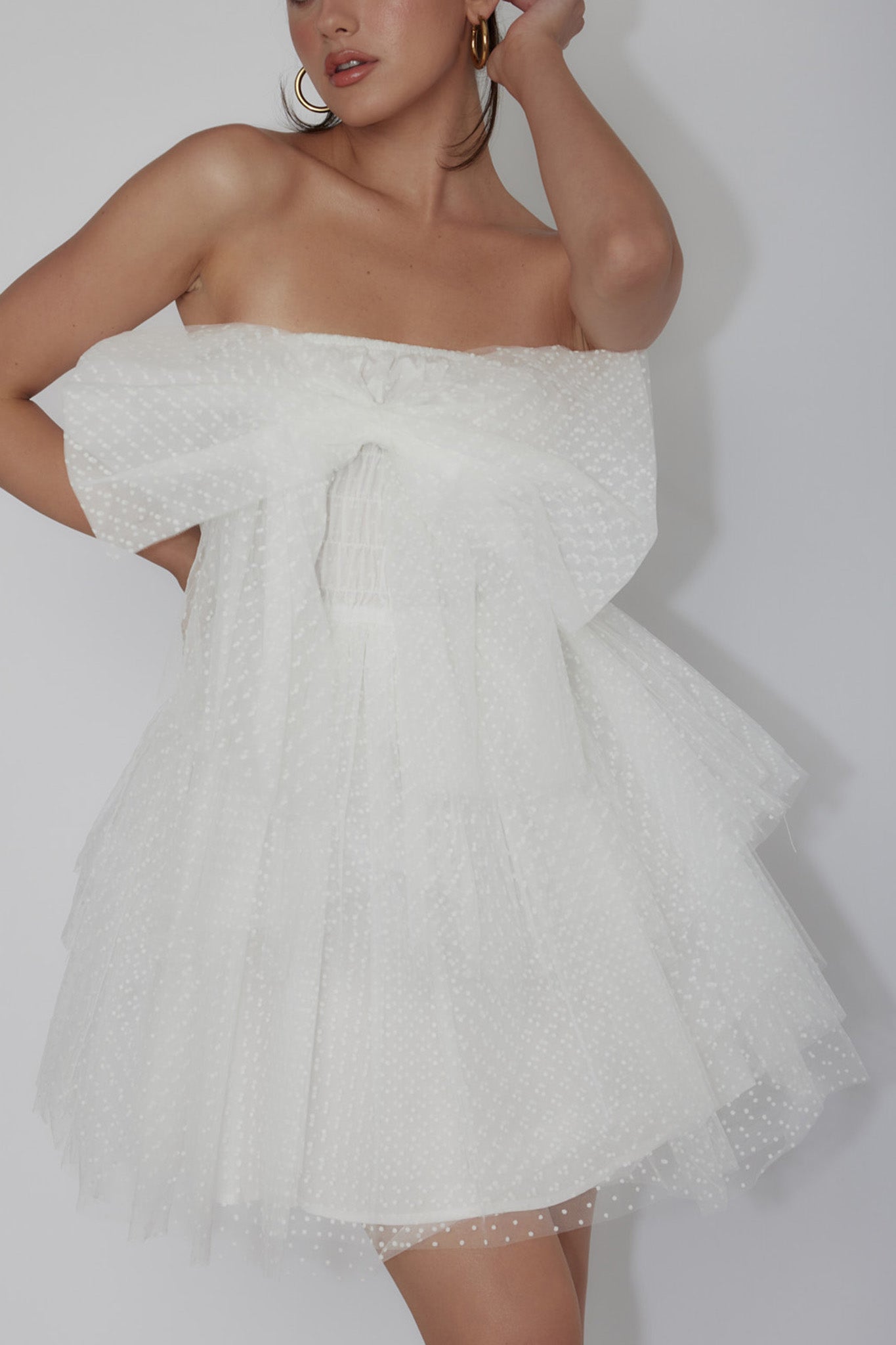Deana Bow Bust Strapless Mini Dress Spotty White