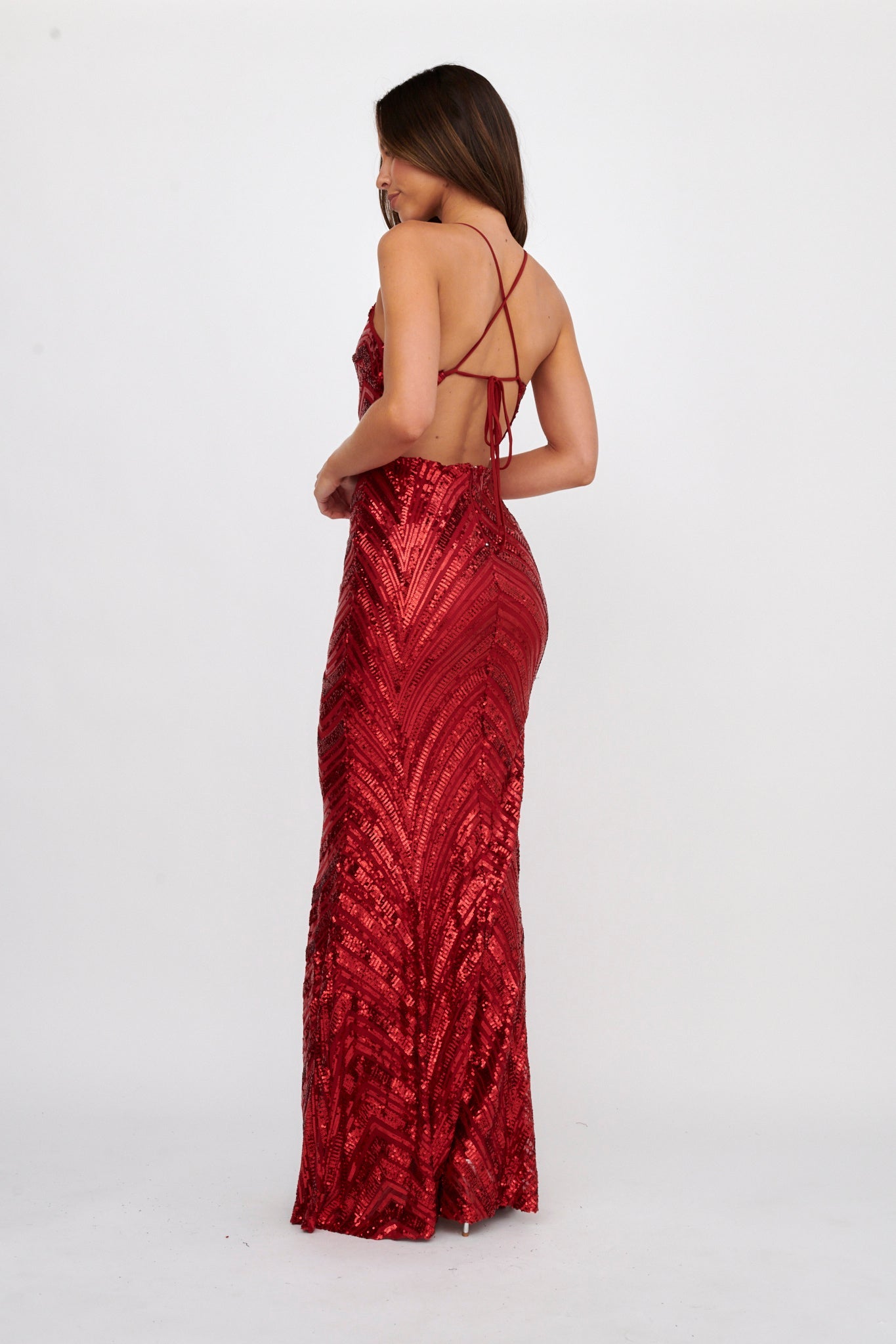 Dalila Open Tied Back Sequin Maxi Dress Red