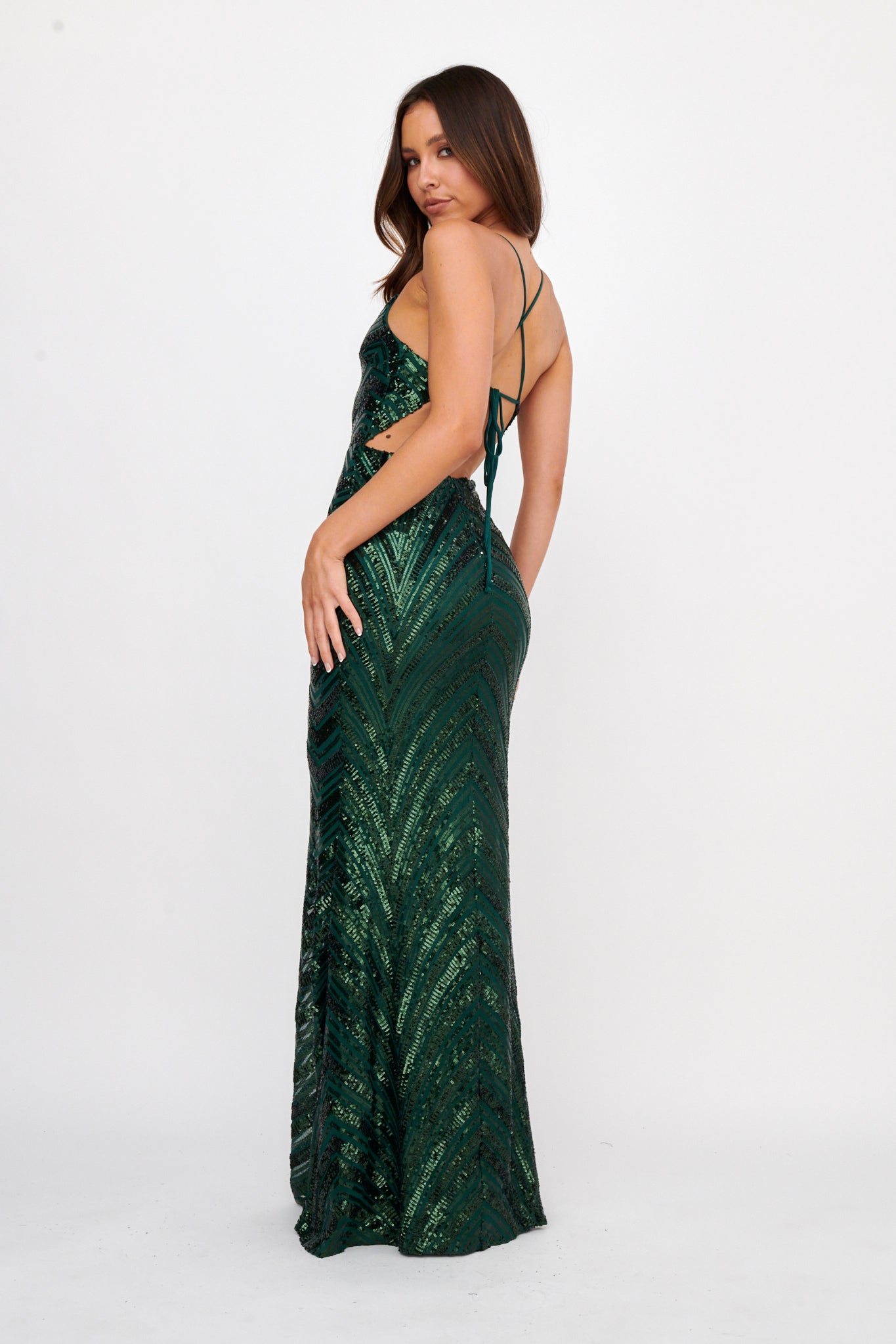 Dalila Open Tied Back Sequin Maxi Dress Hunter