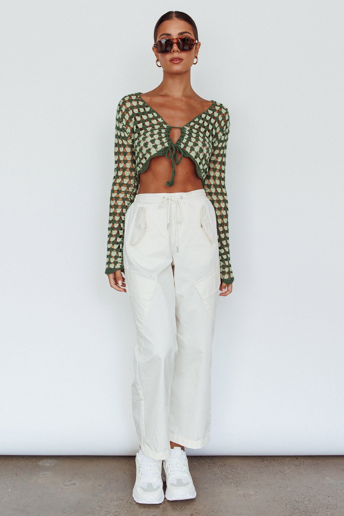 Maycie Long Sleeve Crochet Crop Top Green Multi