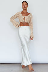 Maycie Long Sleeve Crochet Crop Top Beige