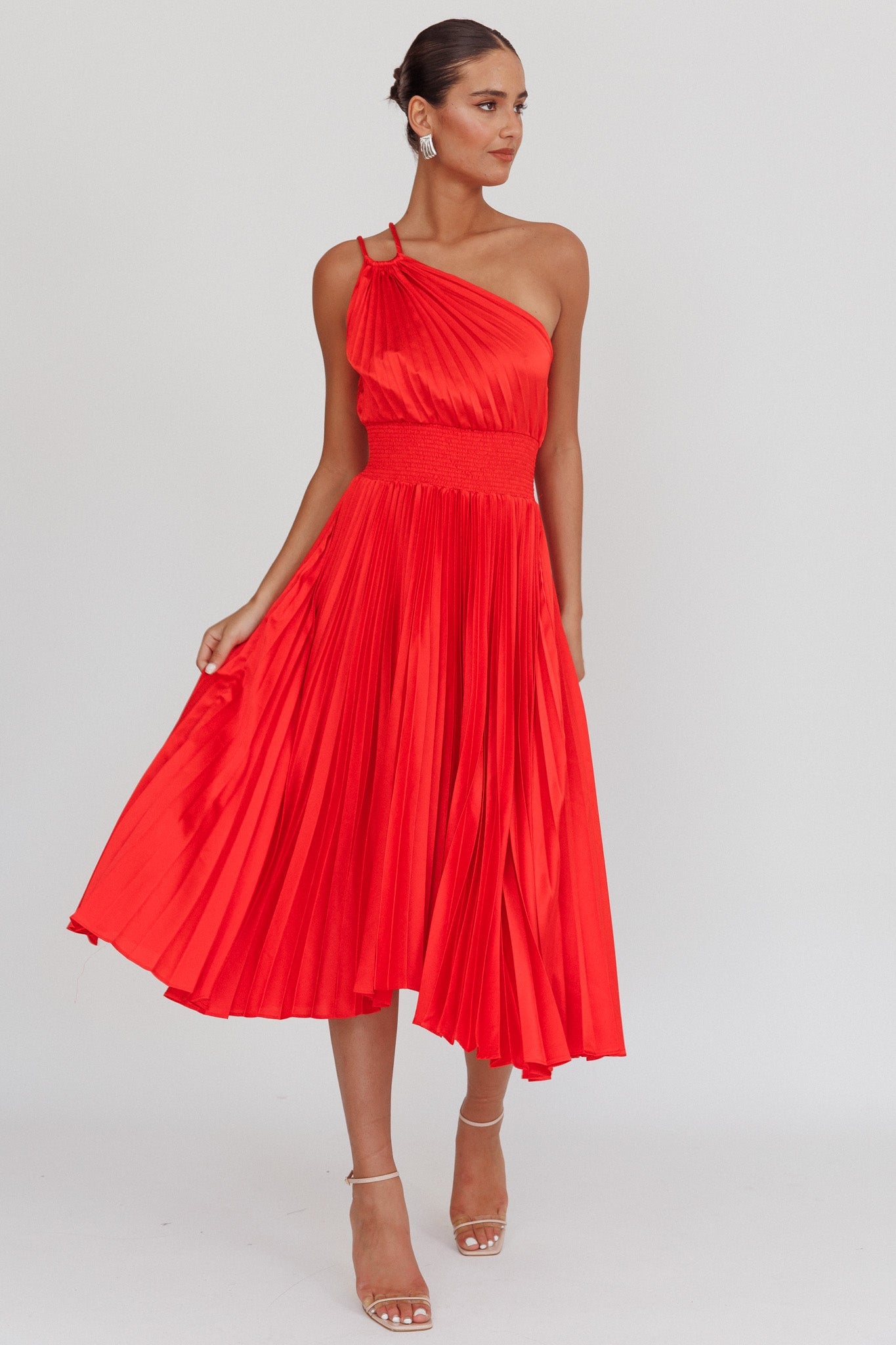 Calissa One Shoulder Pleated Midi Dress Red