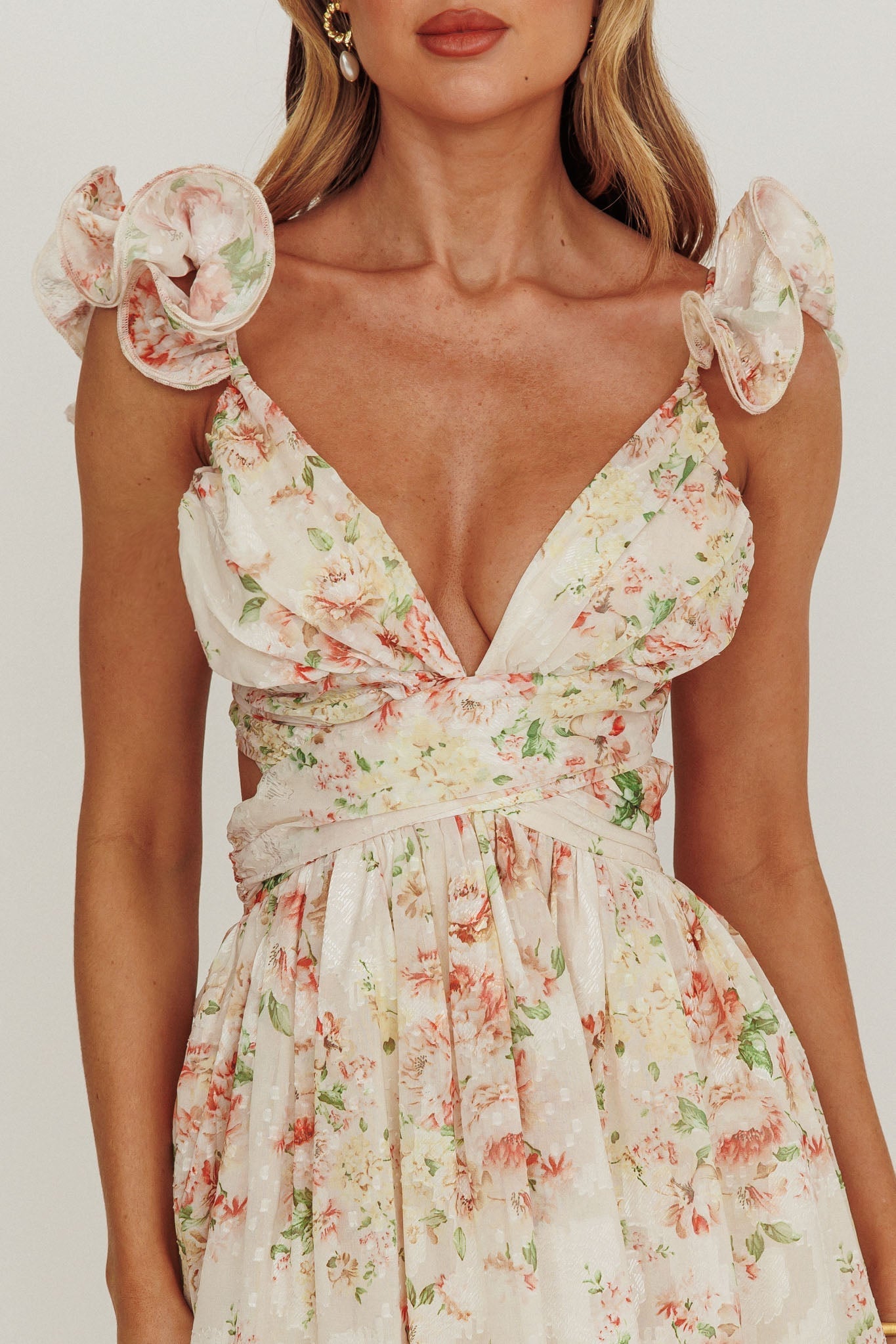 Roselle Backless Ruffle Maxi Dress Floral Multi