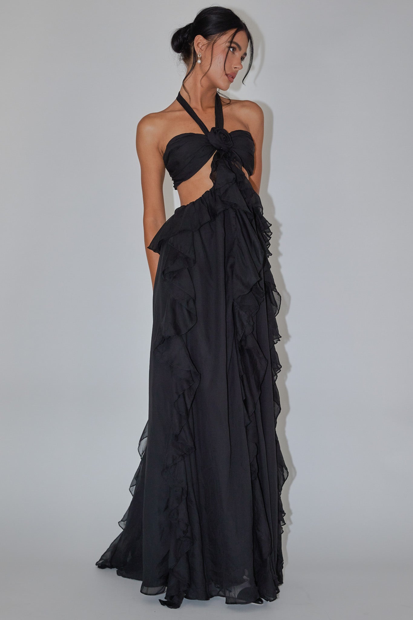 Santiago Cut-Out Ruffle Maxi Dress Black