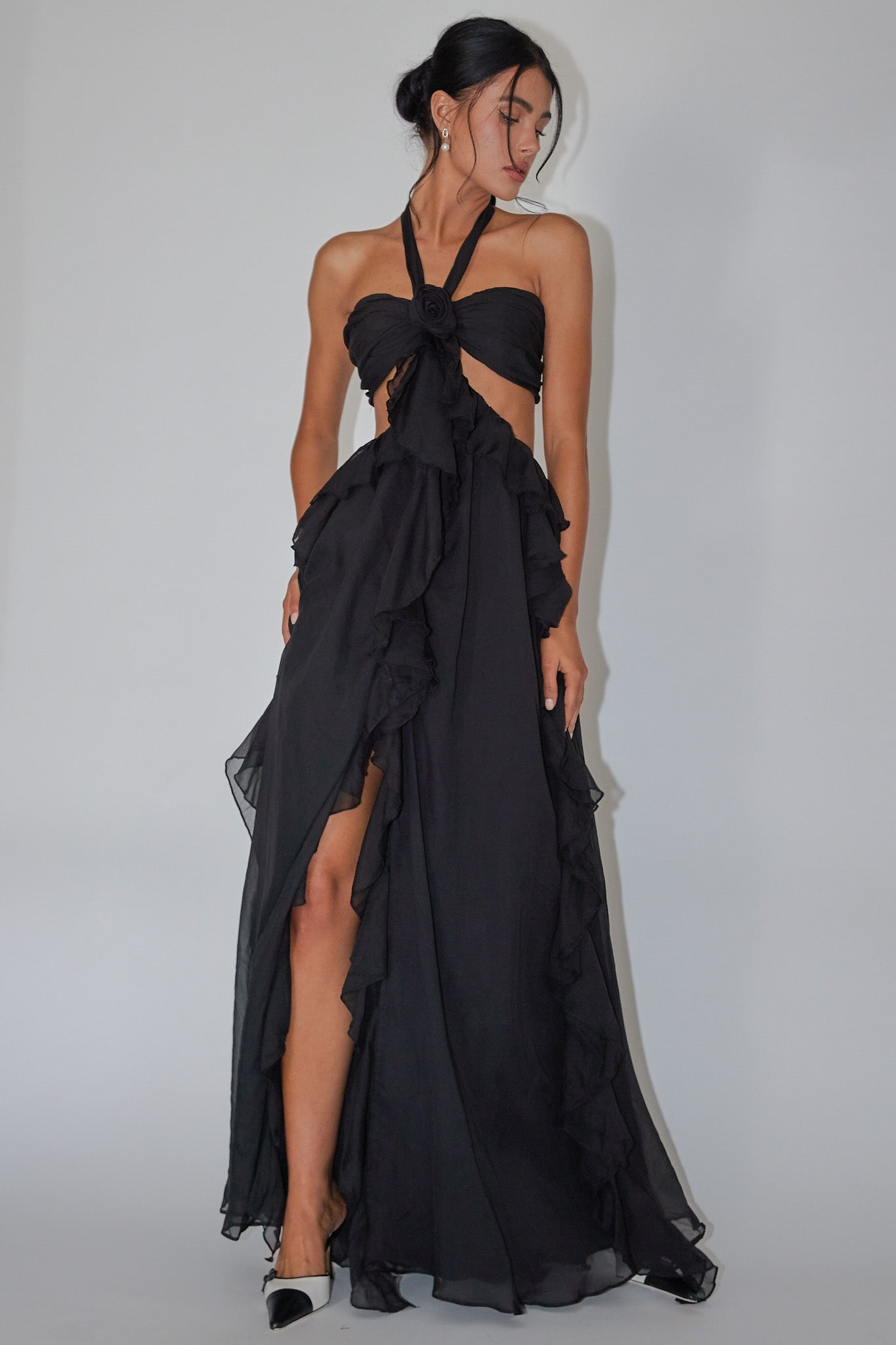 Santiago Cut-Out Ruffle Maxi Dress Black
