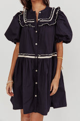 Late Spring Puff Sleeves Ruffle Mini Dress Navy