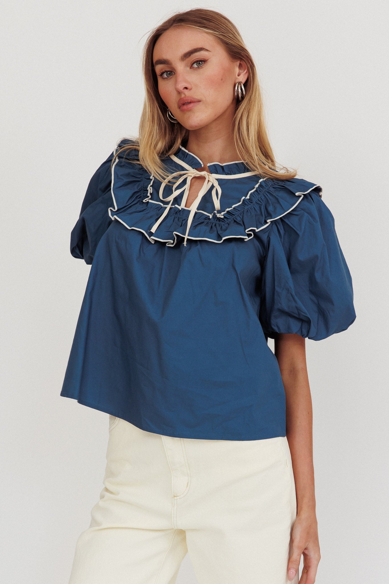 Remarkable Puff Sleeve Tied Neck Top Teal