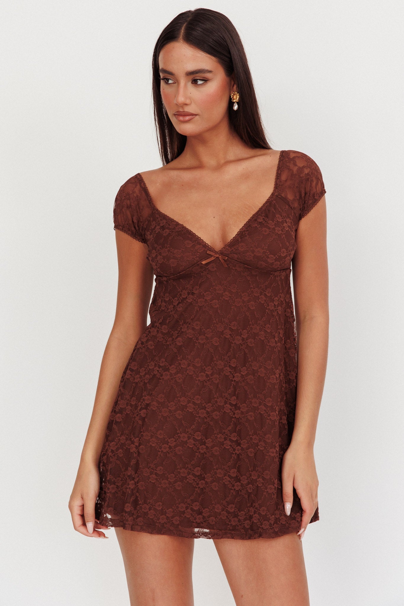 Shadows Lace Overlay Mini Dress Brown