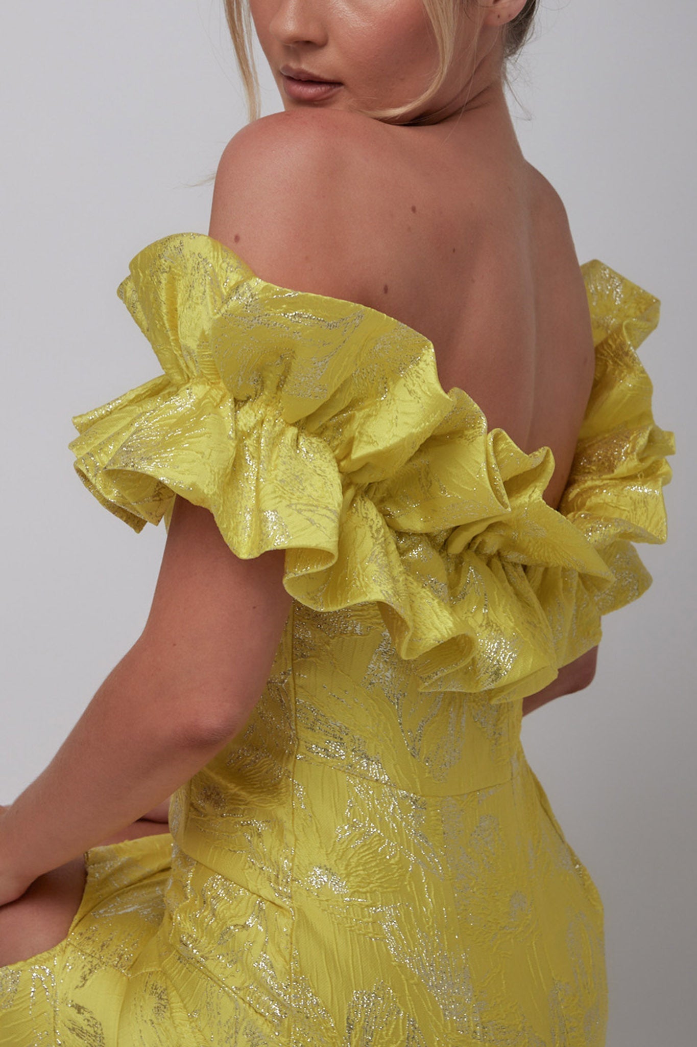 Memoire Off-Shoulder Jacquard Mini Dress Yellow