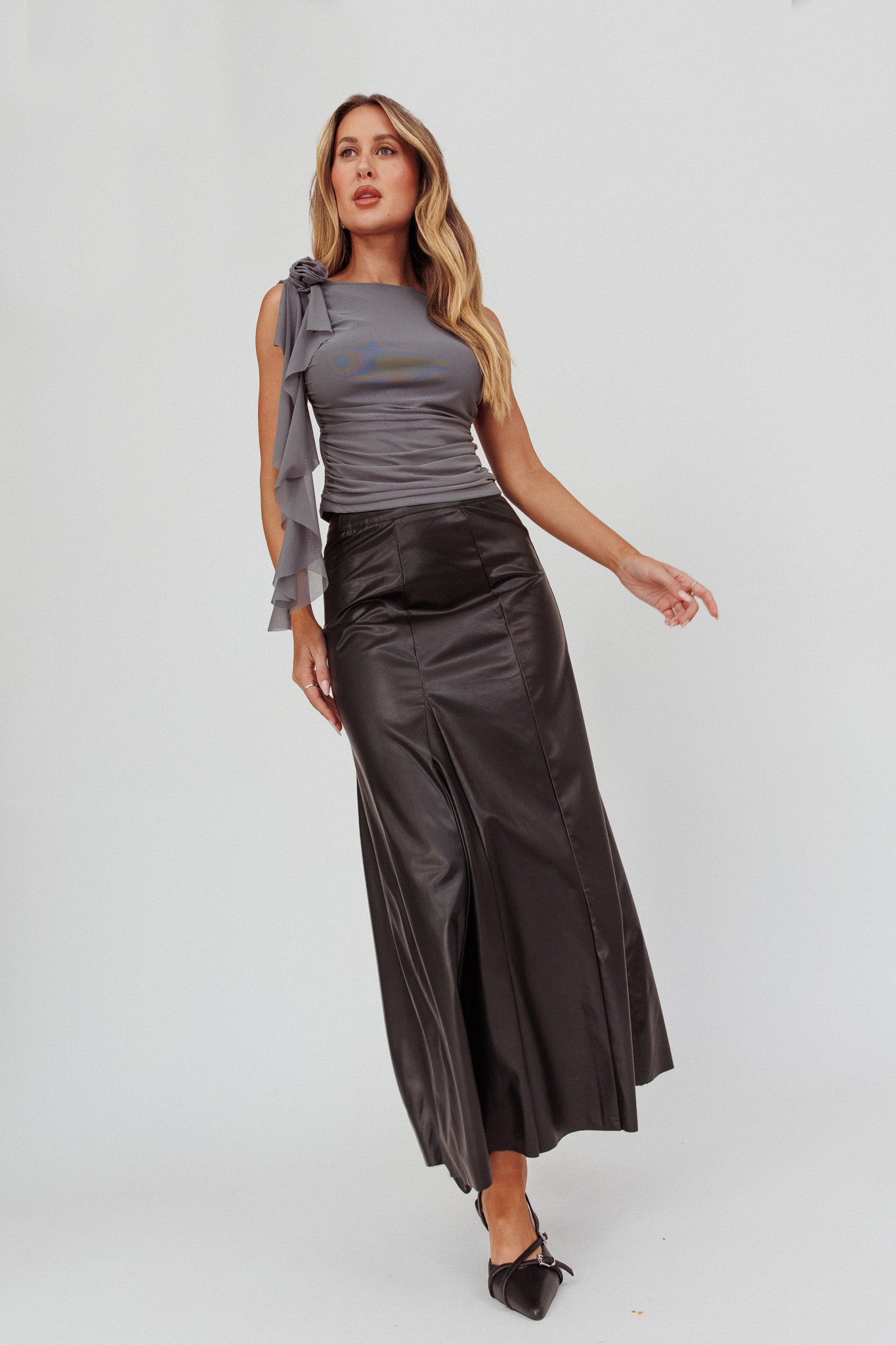 Galaxia A-Line Faux Leather Maxi Skirt Black