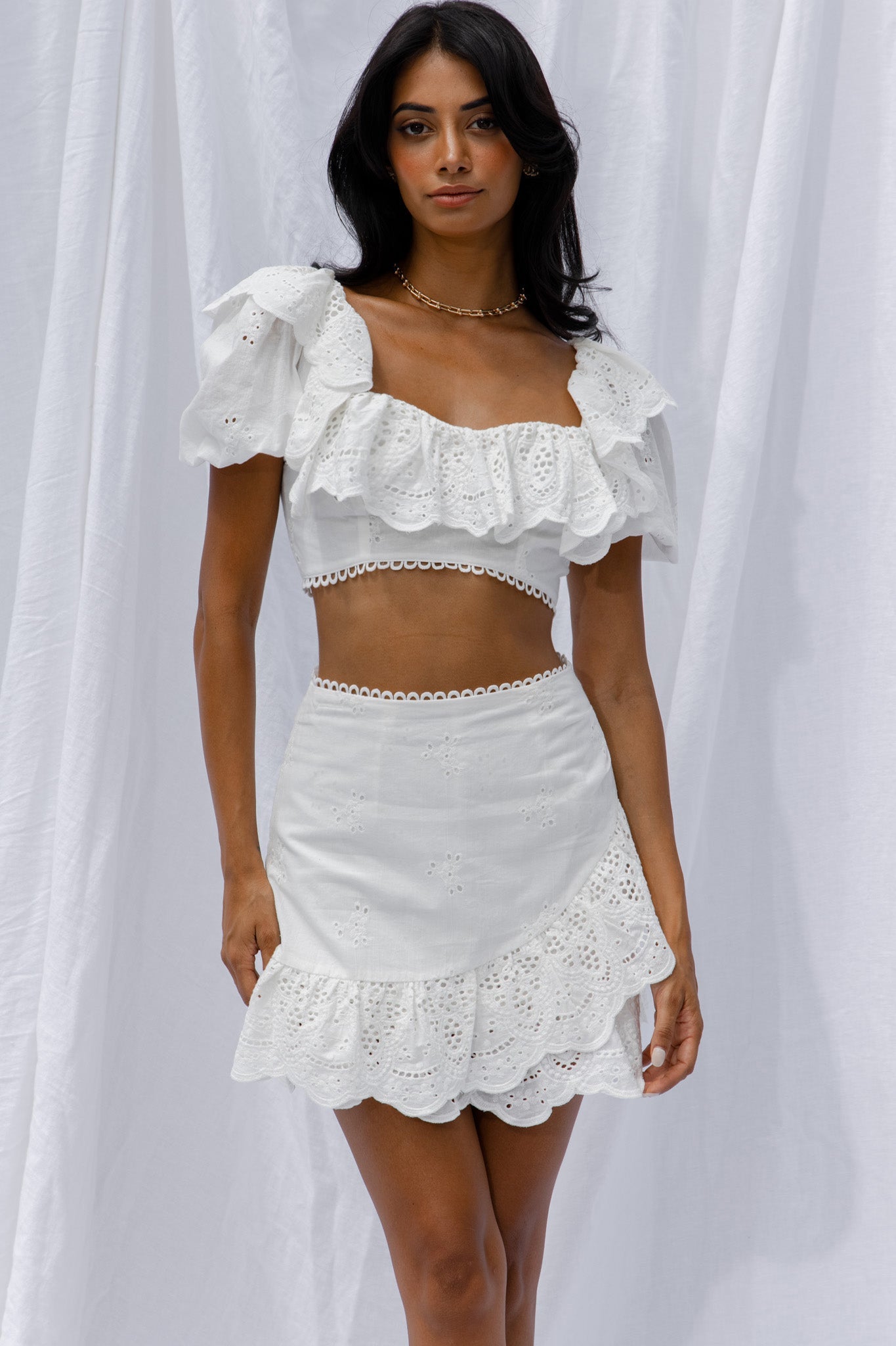 New Moon Ruffle Trim Puff Sleeve Eyelet Crop Top White