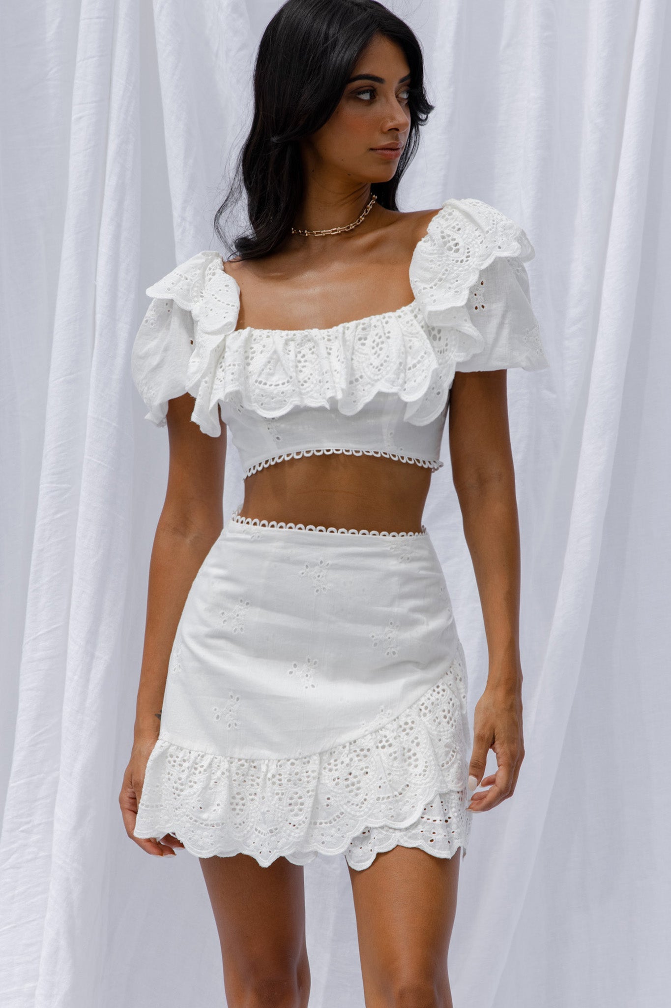 New Moon Ruffle Trim Puff Sleeve Eyelet Crop Top White