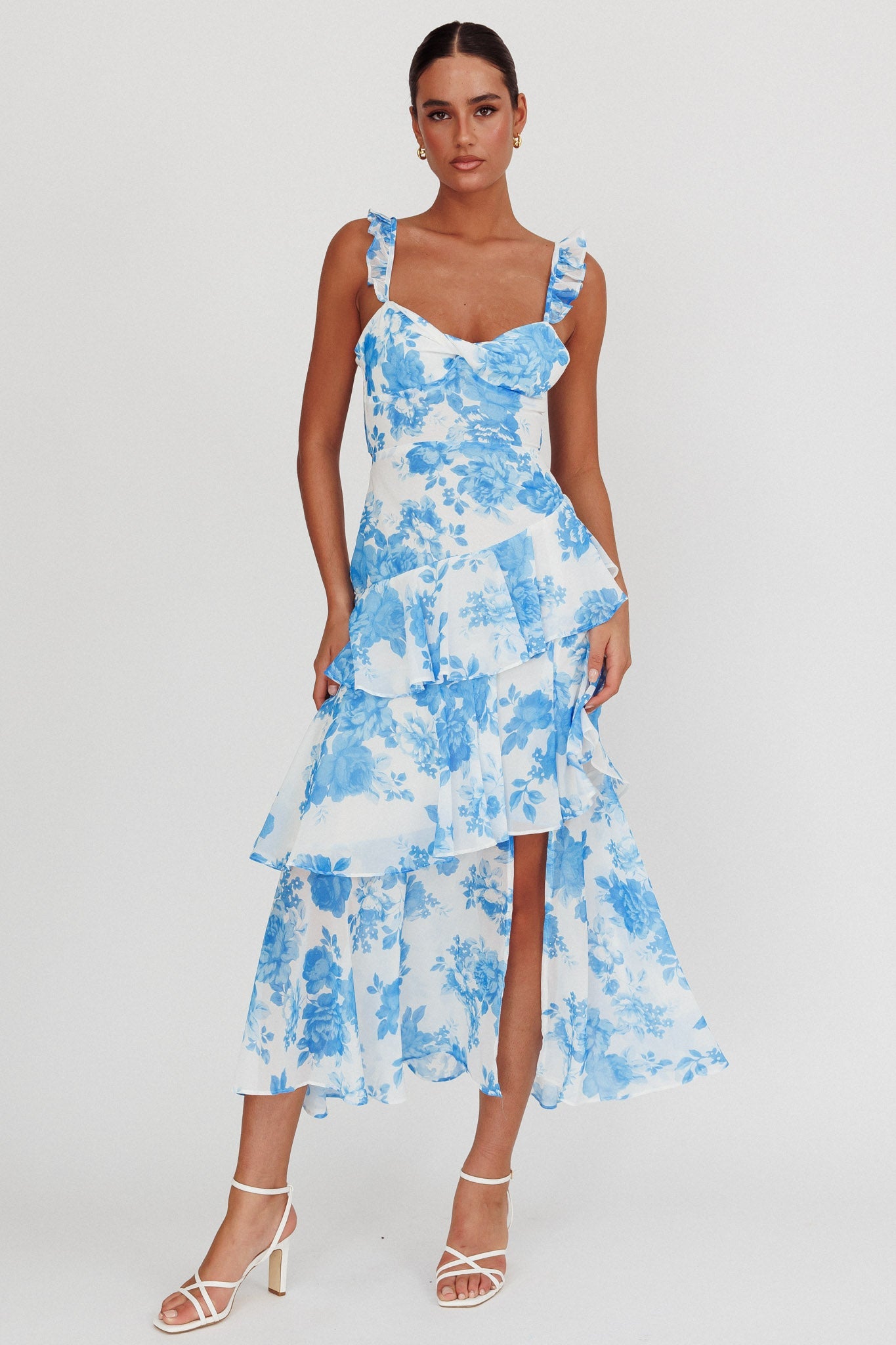 Veda Ruffle Strap Split Maxi Dress Floral White/Blue