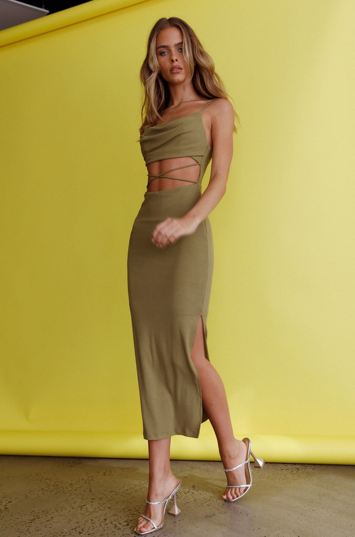 Crazy In Love Cowl Neck Cut-Out Waist Midi Dress Olive