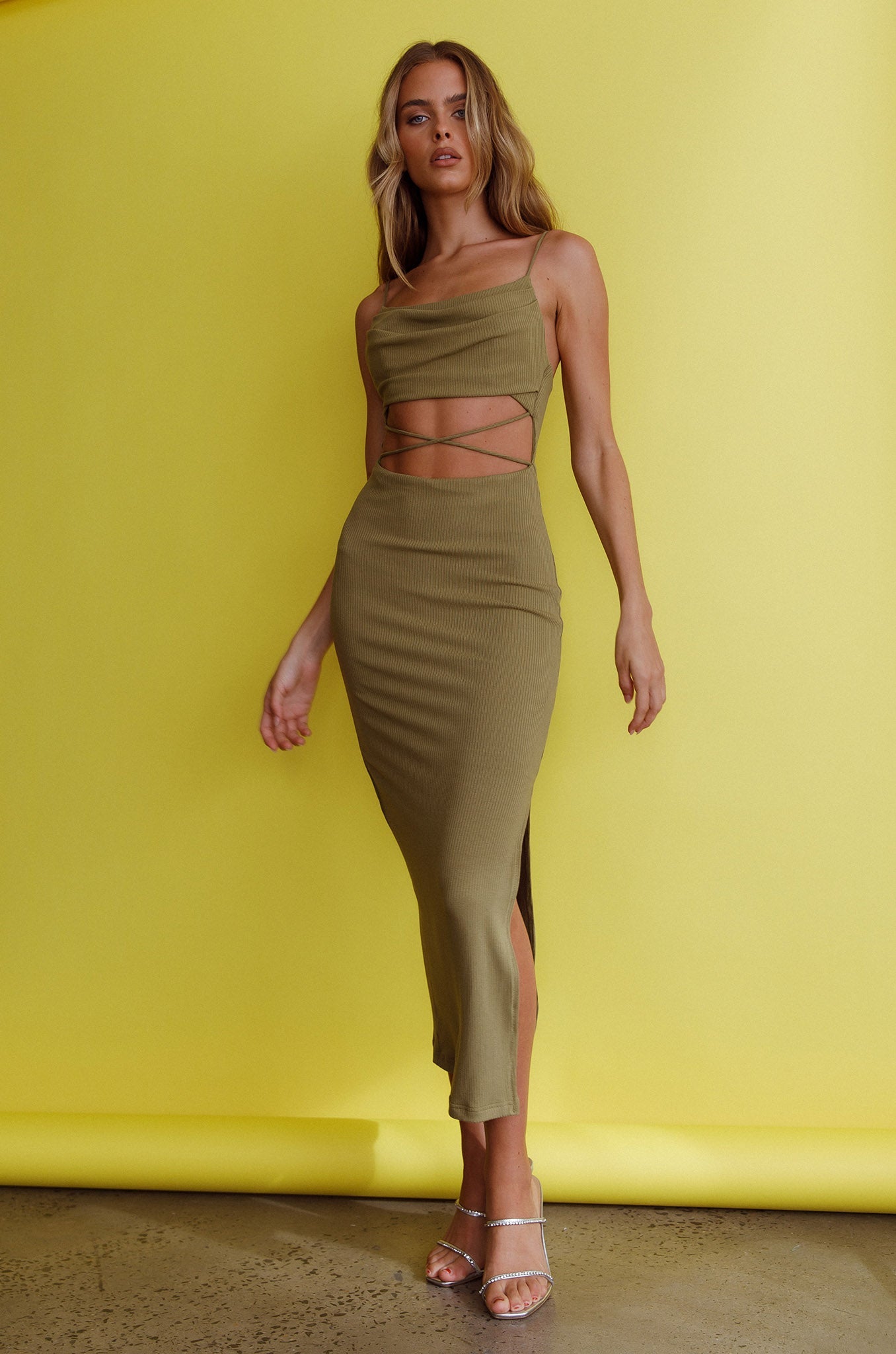 Crazy In Love Cowl Neck Cut-Out Waist Midi Dress Olive