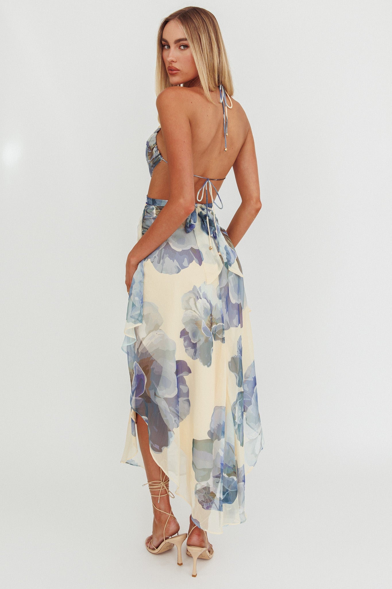 Samia Cut-Out Halterneck Maxi Dress Beige/Blue