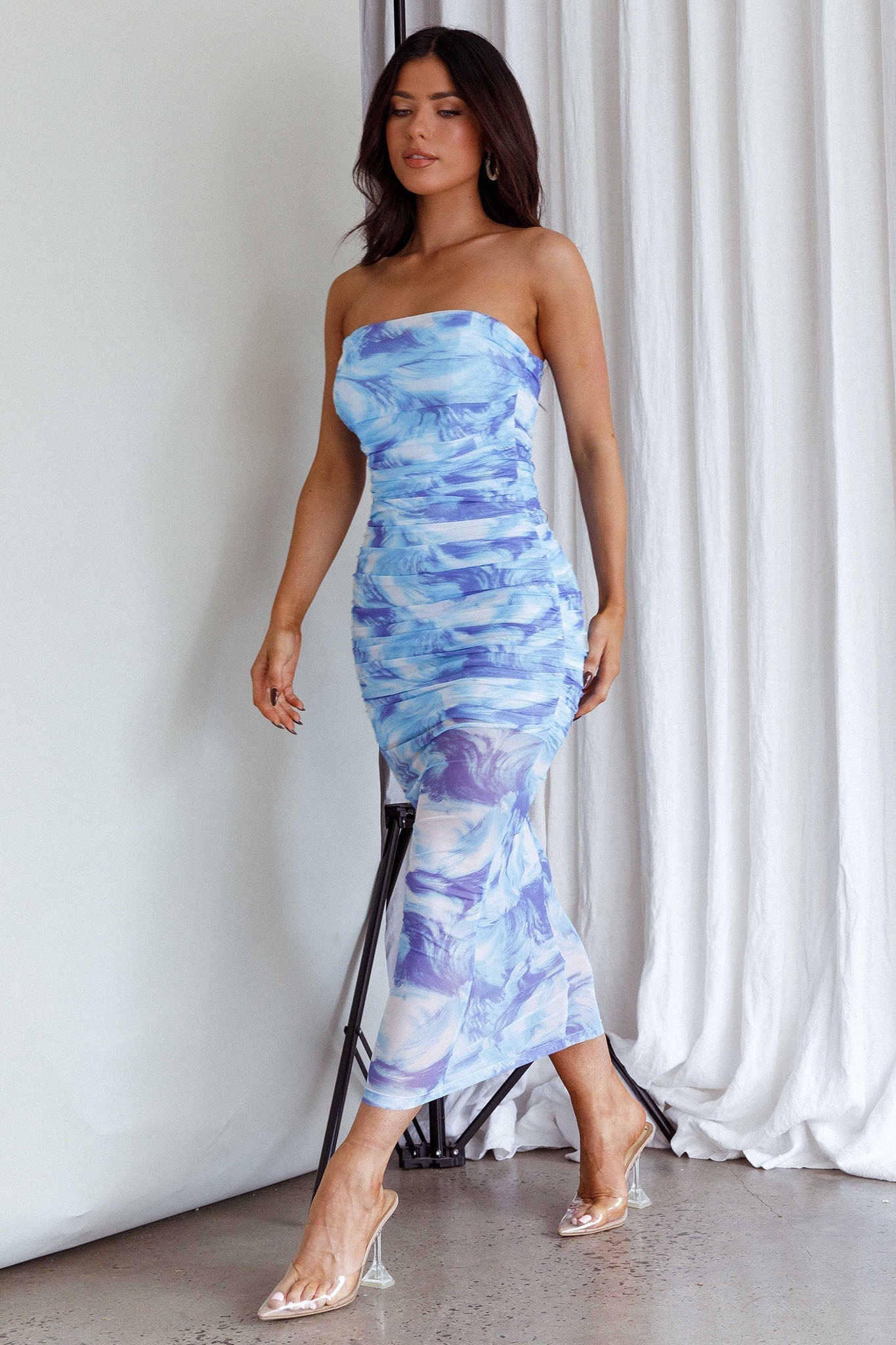 Logan Strapless Ruched Midi Dress Blue