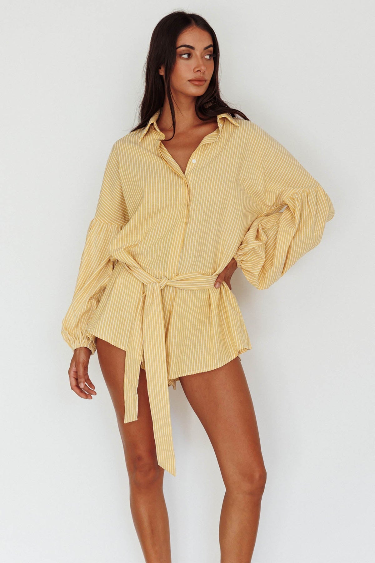 Daytona Beach Long Sleeve Shirt Romper Yellow Stripe