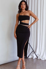 Raye Cut-Out Waist Rhinestone Midi Dress Black