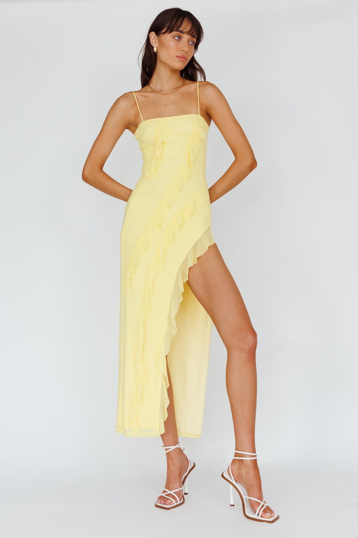 Catriona Split Ruffle Midi Dress Lemon
