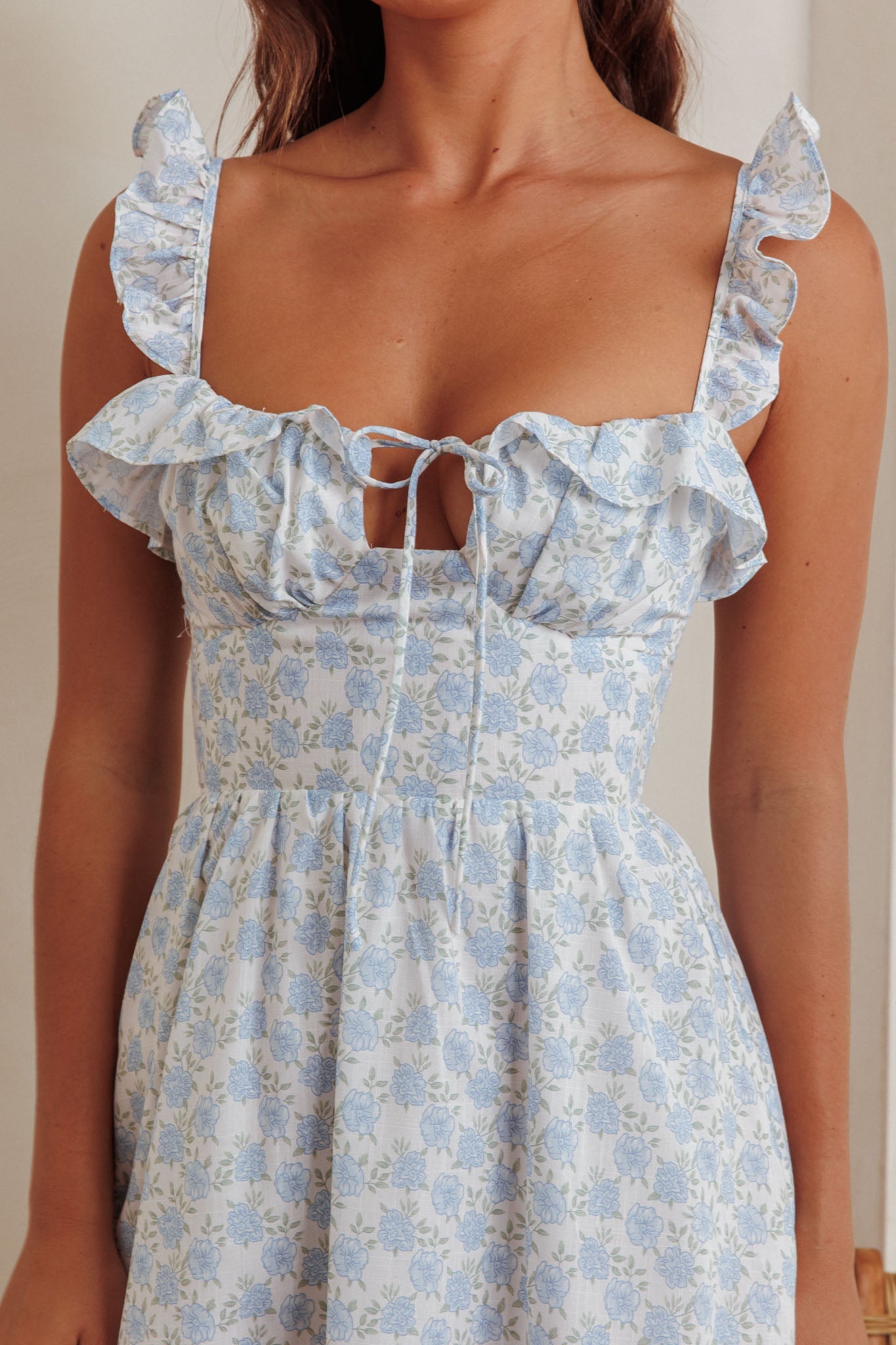 Doe Tied Bust Frill Mini Dress Floral Blue