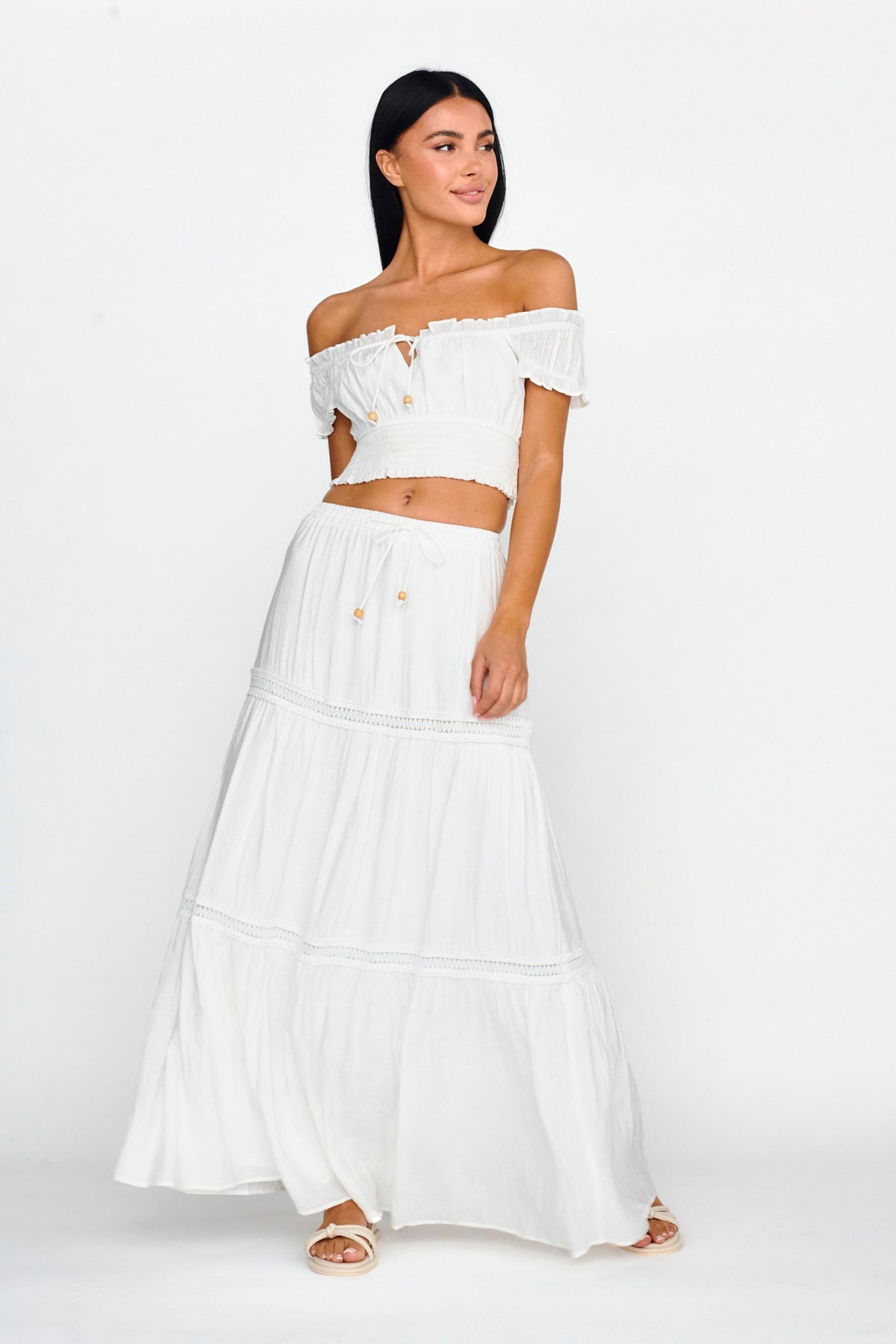 Canyon Cove Crochet Trim Maxi Skirt White