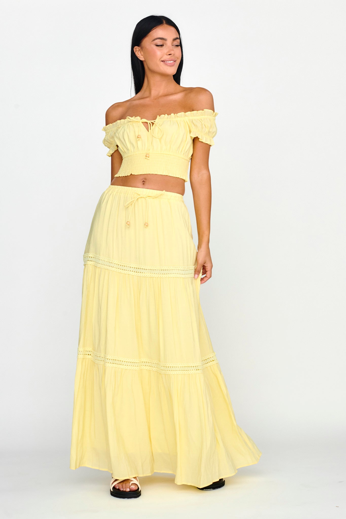 Canyon Cove Crochet Trim Maxi Skirt Yellow