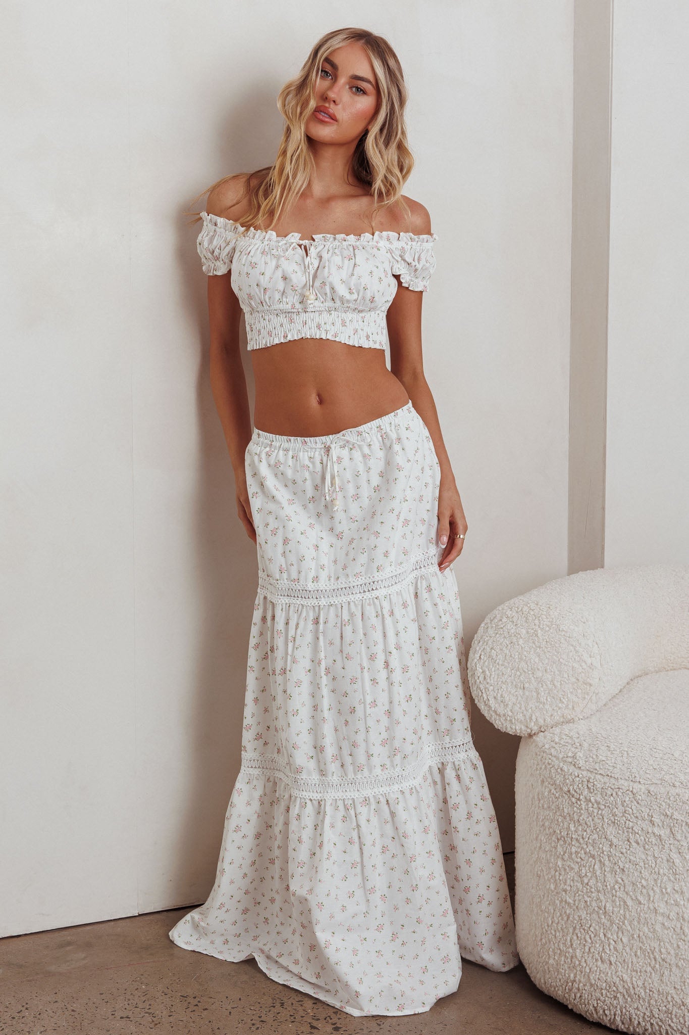 Canyon Cove Crochet Trim Maxi Skirt Floral Pink