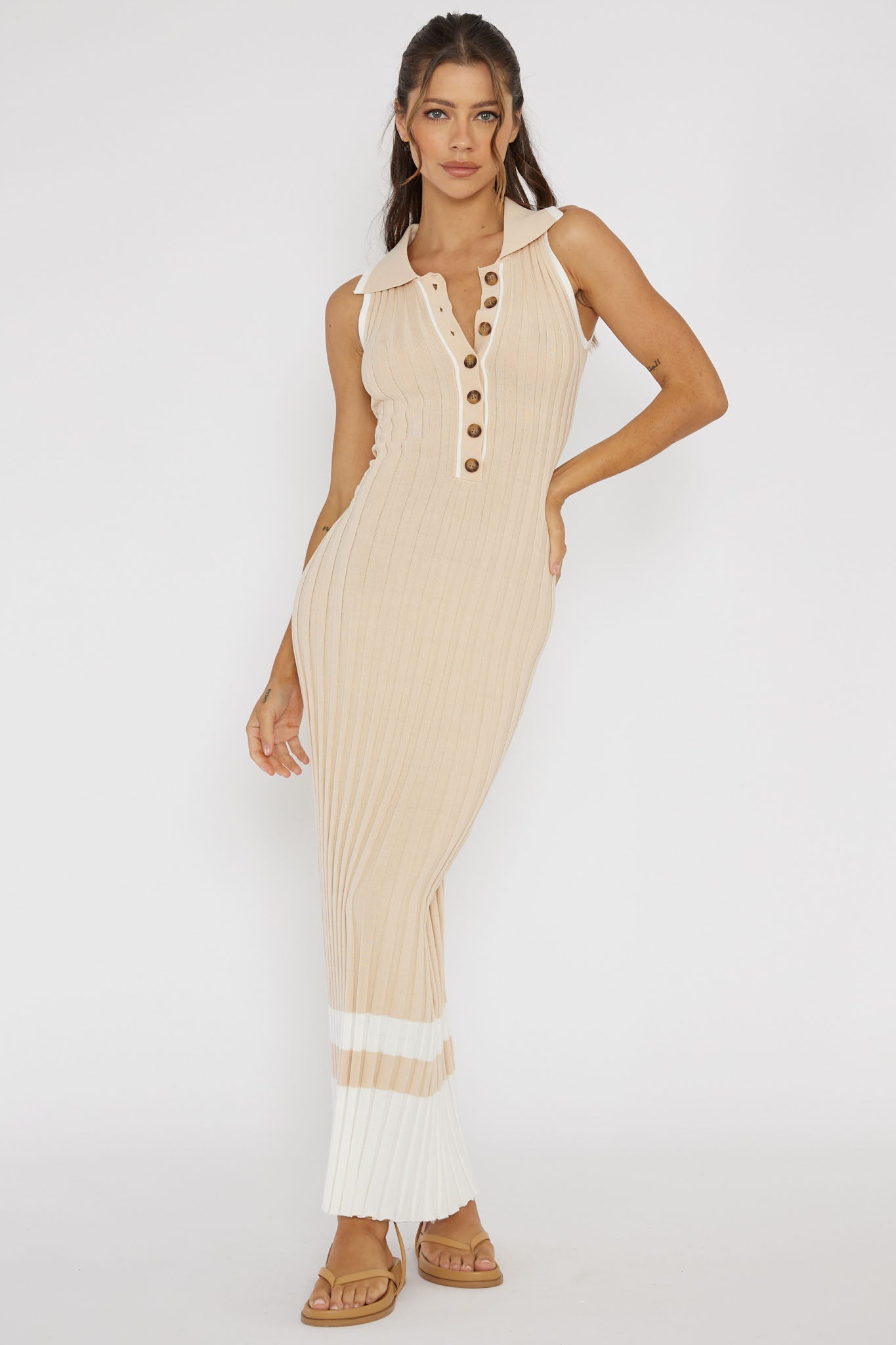 Cayla Button-Up Ribbed Knit Dress Sand
