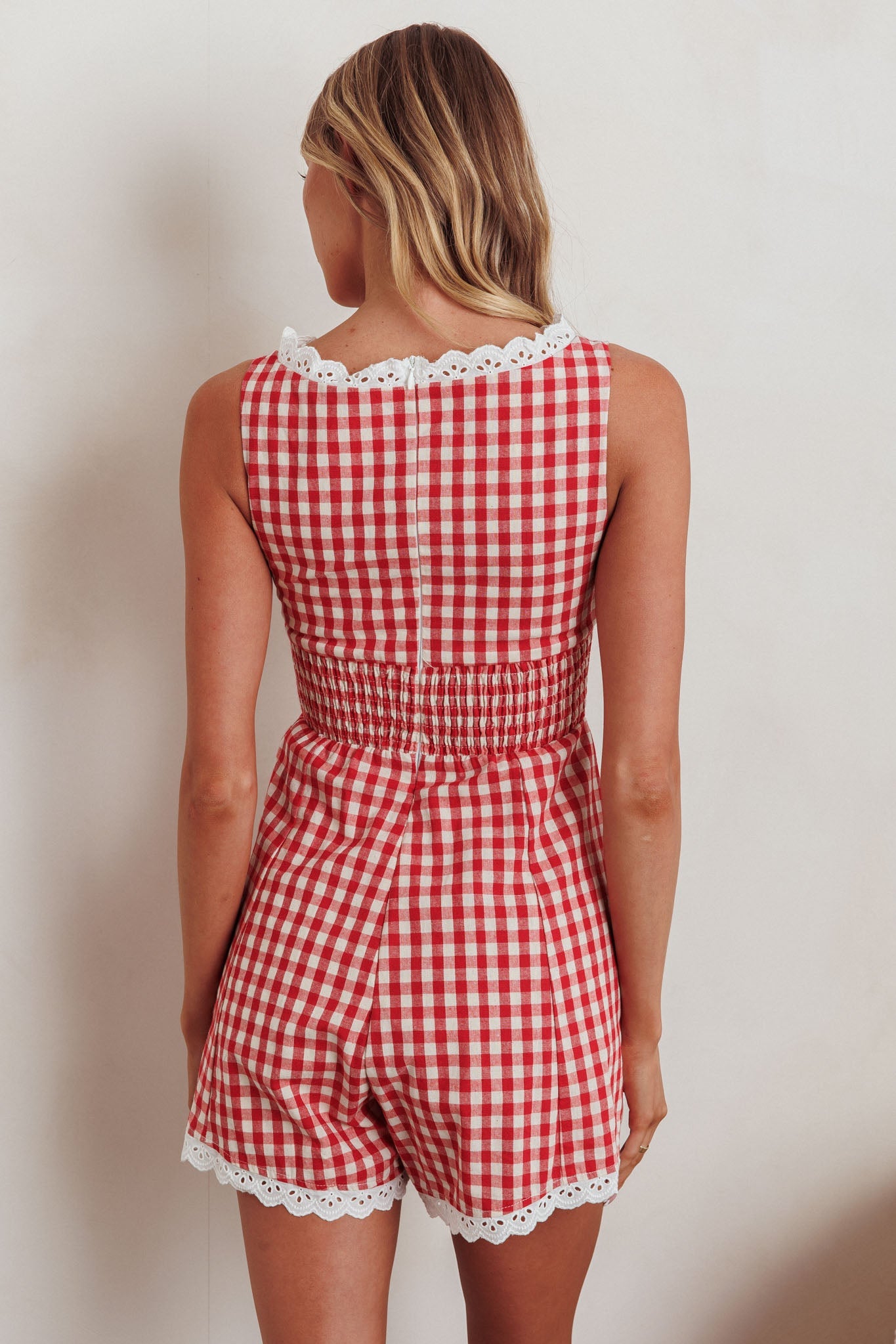Loving Me Sleeveless Romper Gingham Red