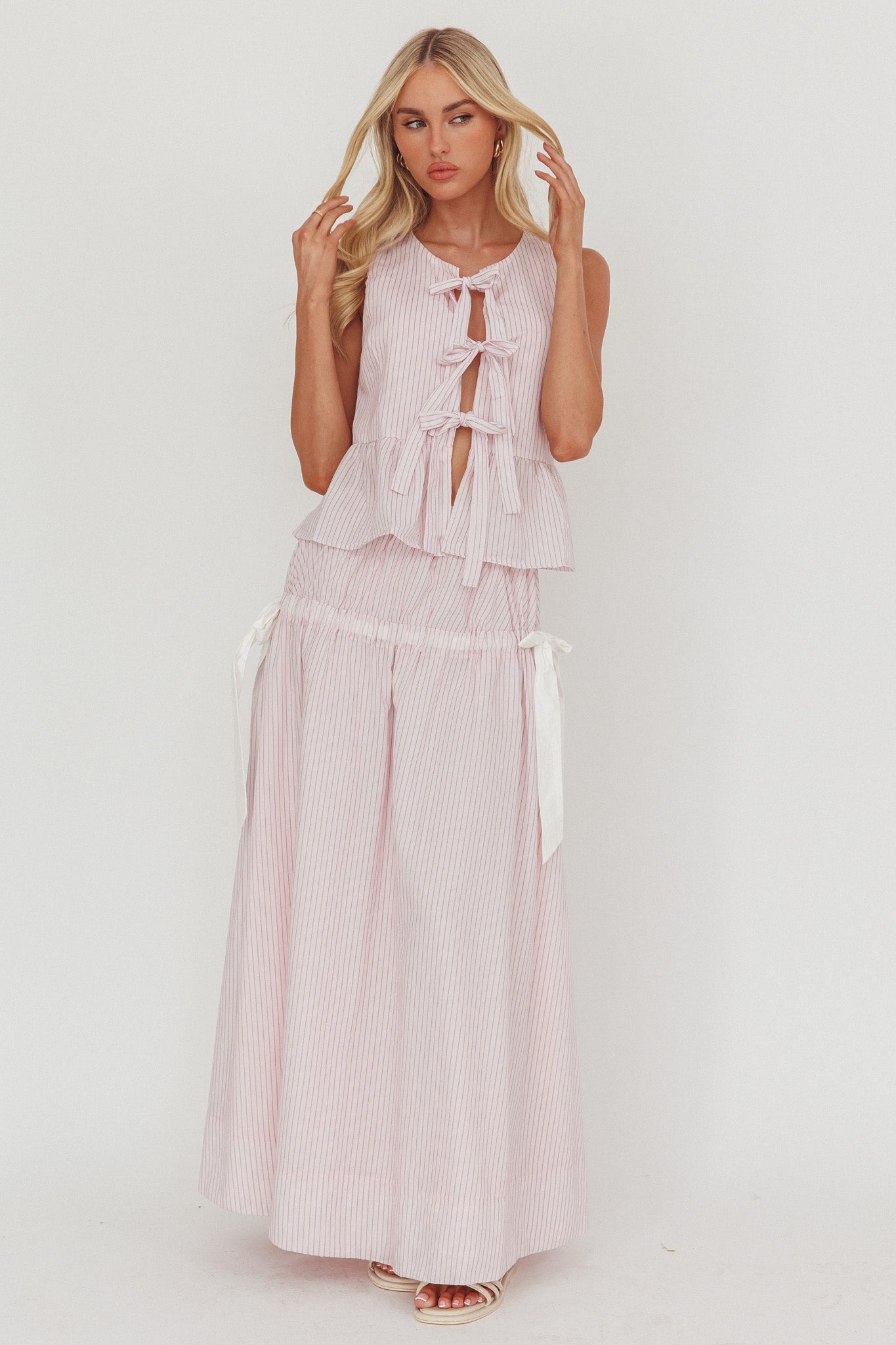 Salty Sea Side Bow Maxi Skirt Blush Stripe