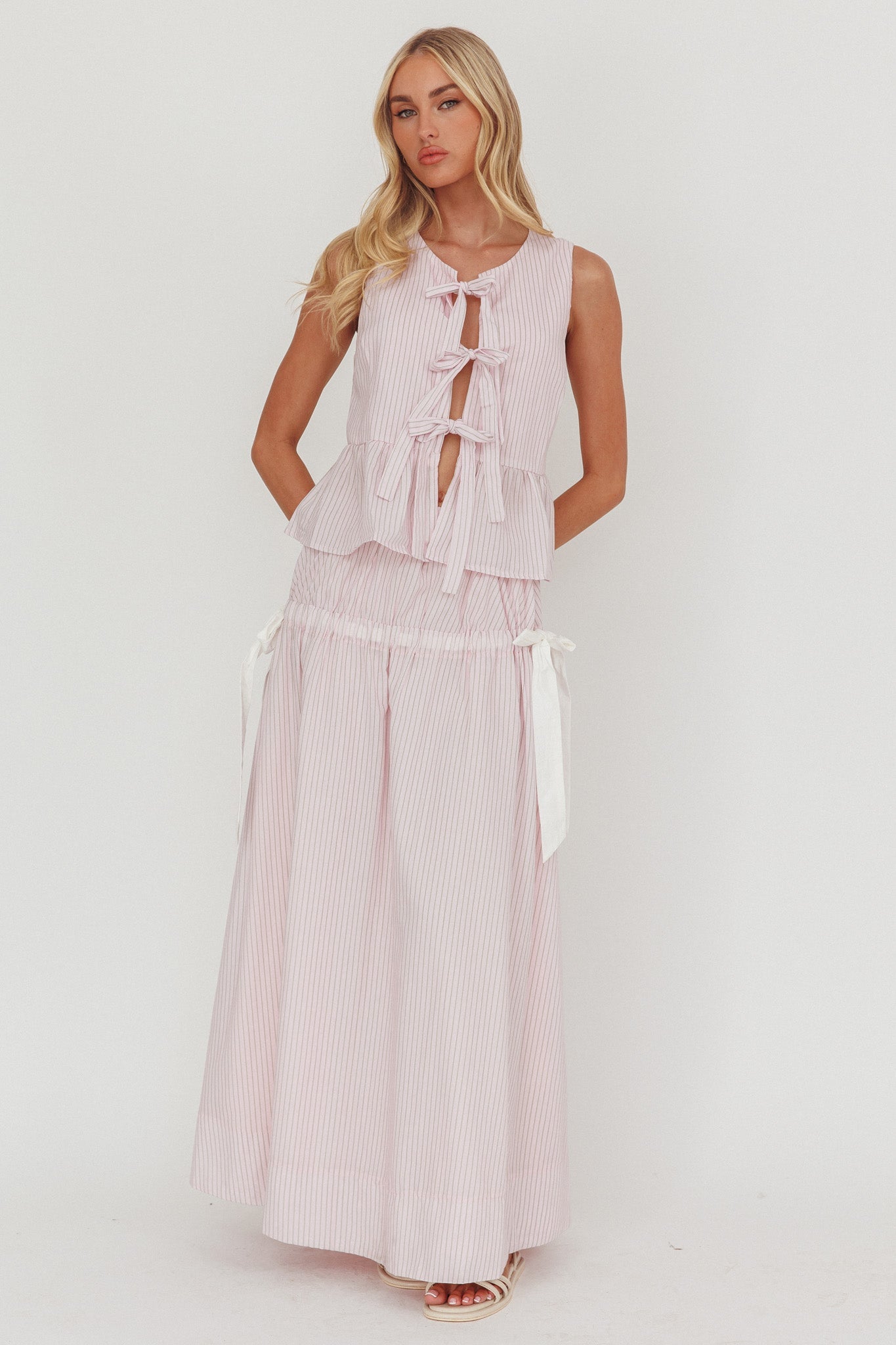 Salty Sea Side Bow Maxi Skirt Blush Stripe