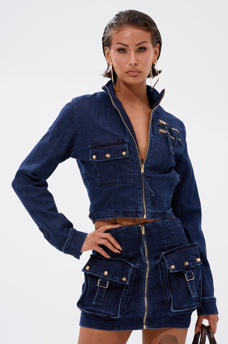 SOMETHING BETTER DENIM ZIP UP TOP