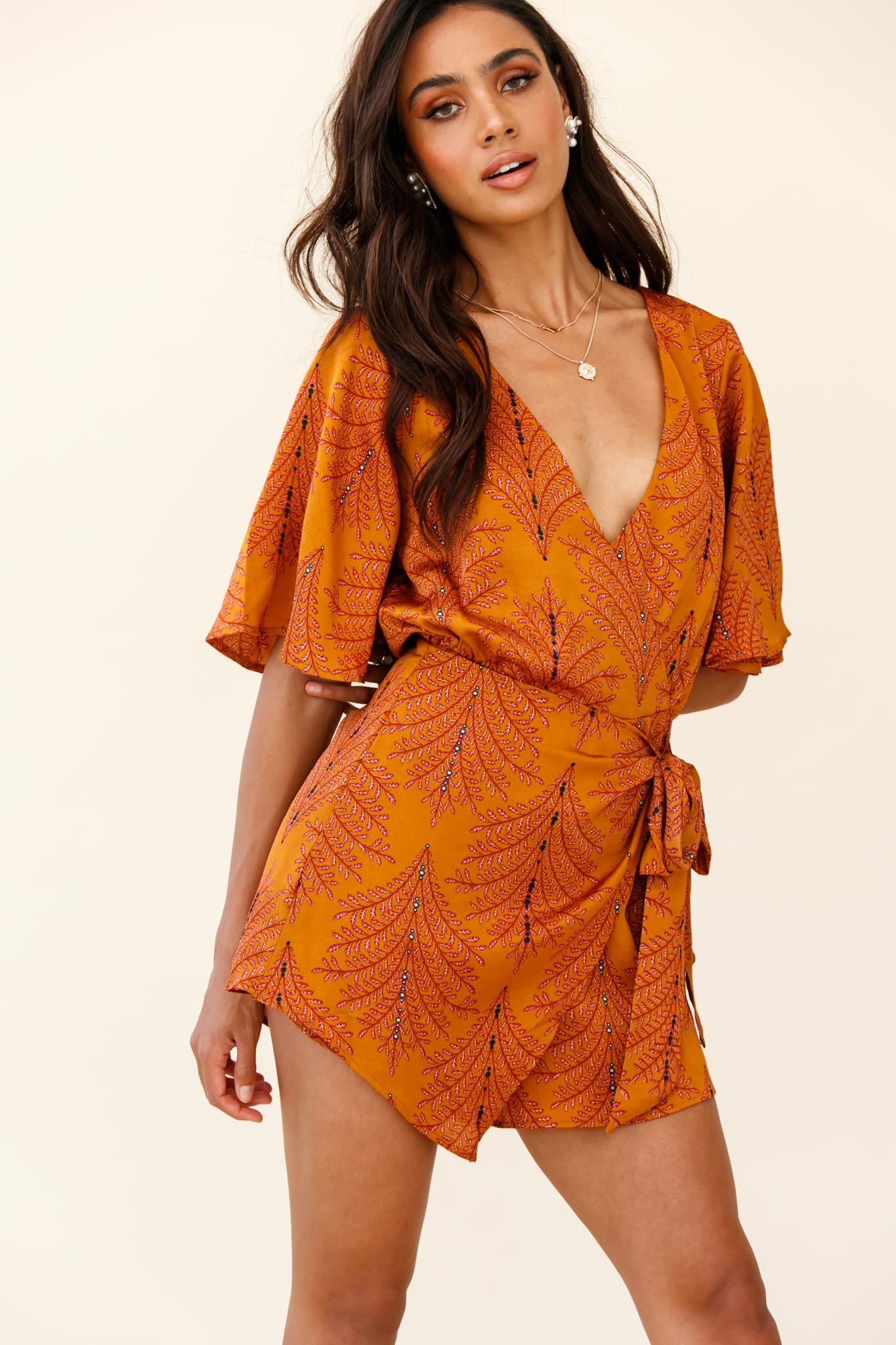 Nadi V-Neckline Wrap Romper Leaf Print Mustard